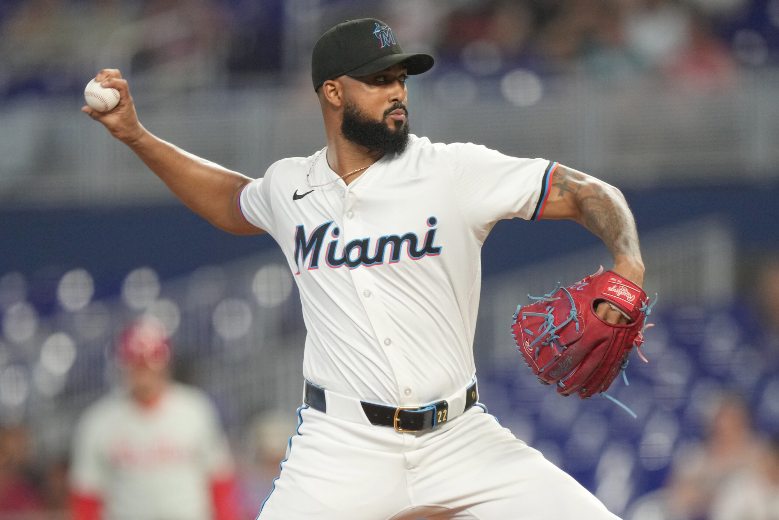 Jun 16, 2025; Miami, Florida, USA; Miami Marlins pitcher Sandy Alcantara (22) pitches in the first inning against the Philadelphia Phillies at loanDepot Park. Mandatory Credit: Jim Rassol-Imagn Images