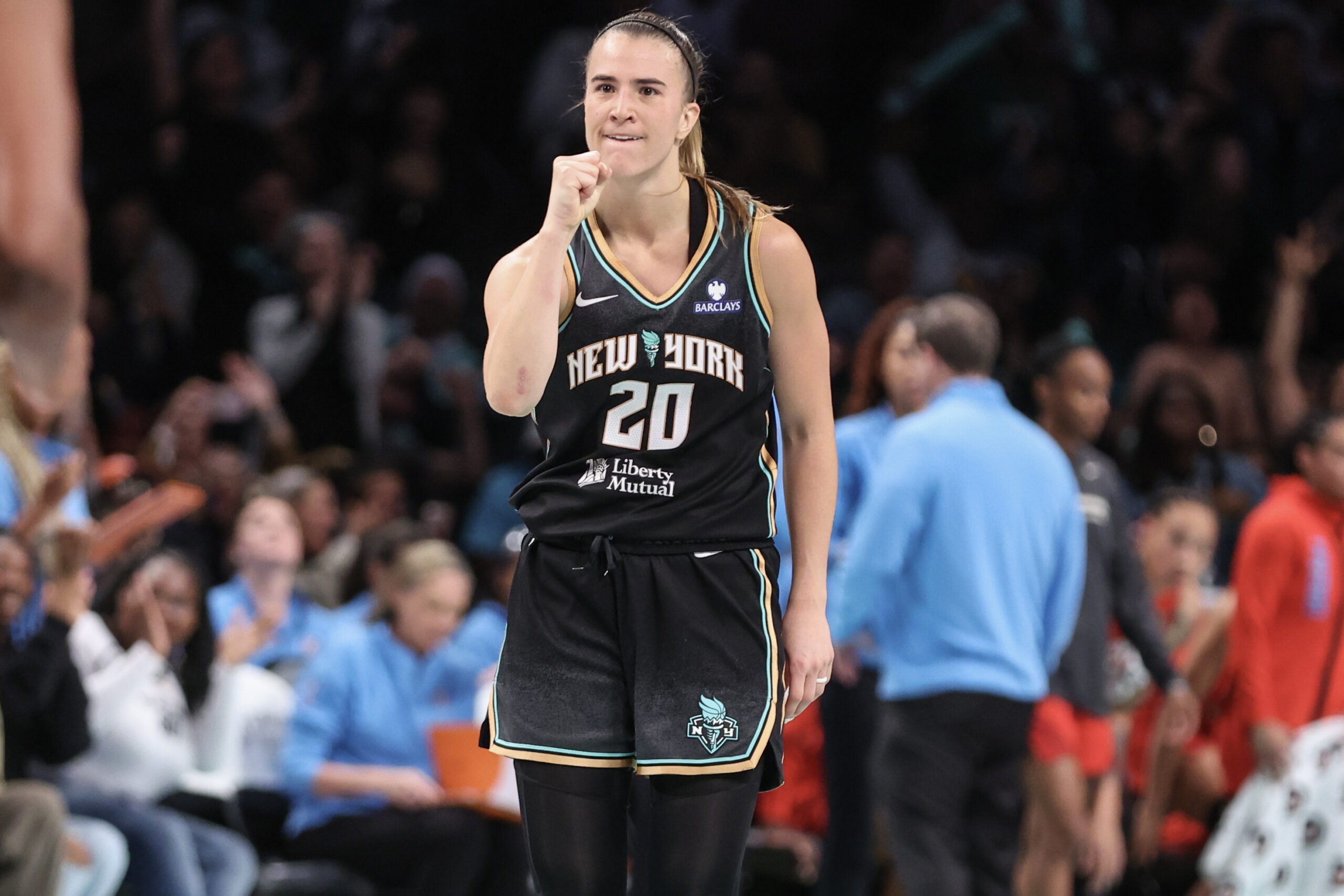 Jun 17, 2025; Brooklyn, New York, USA; New York Liberty guard Sabrina Ionescu (20) gestures after scoring in the fourth quarter against the Atlanta Dream at Barclays Center. Mandatory Credit: Wendell Cruz-Imagn Images