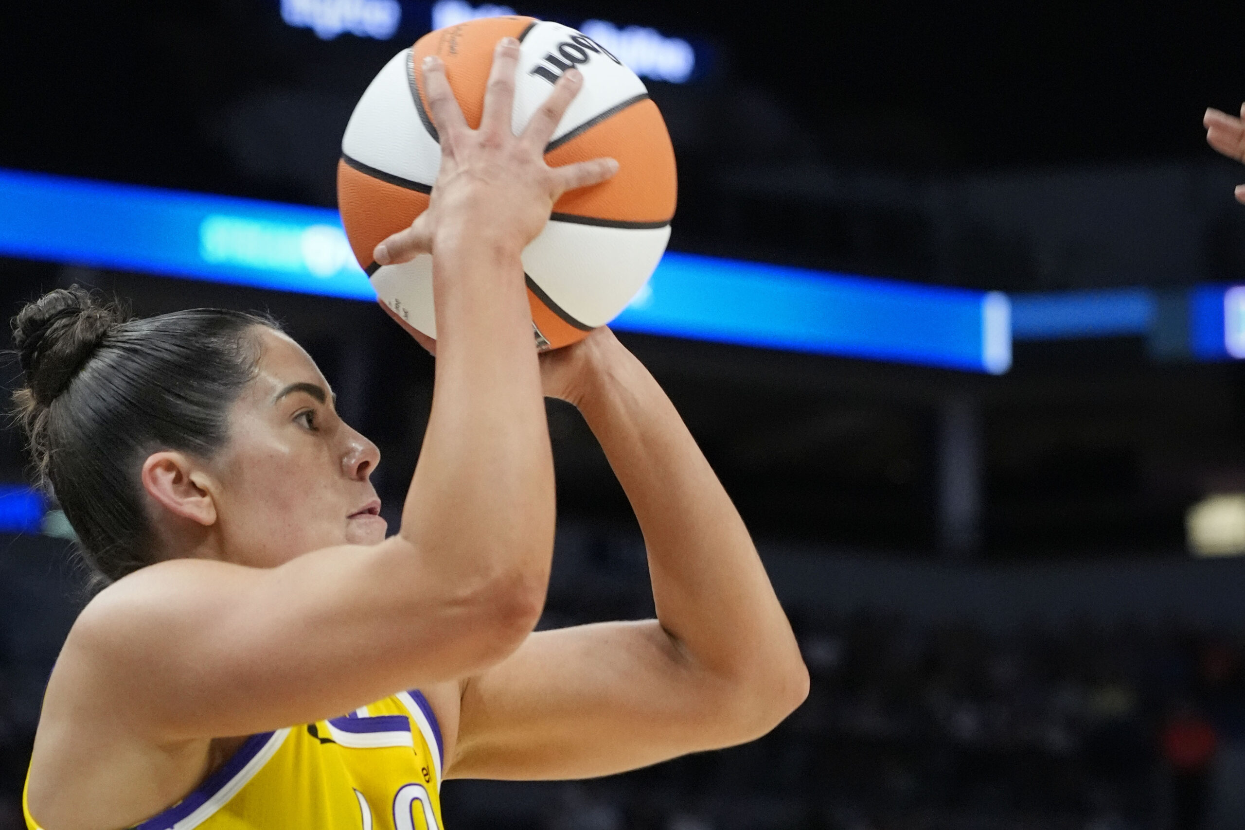 Jun 21, 2025; Minneapolis, Minnesota, USA; Los Angeles Sparks guard Kelsey Plum (10) shoots against the Minnesota Lynx in the first quarter at Target Center. Mandatory Credit: Bruce Kluckhohn-Imagn Images