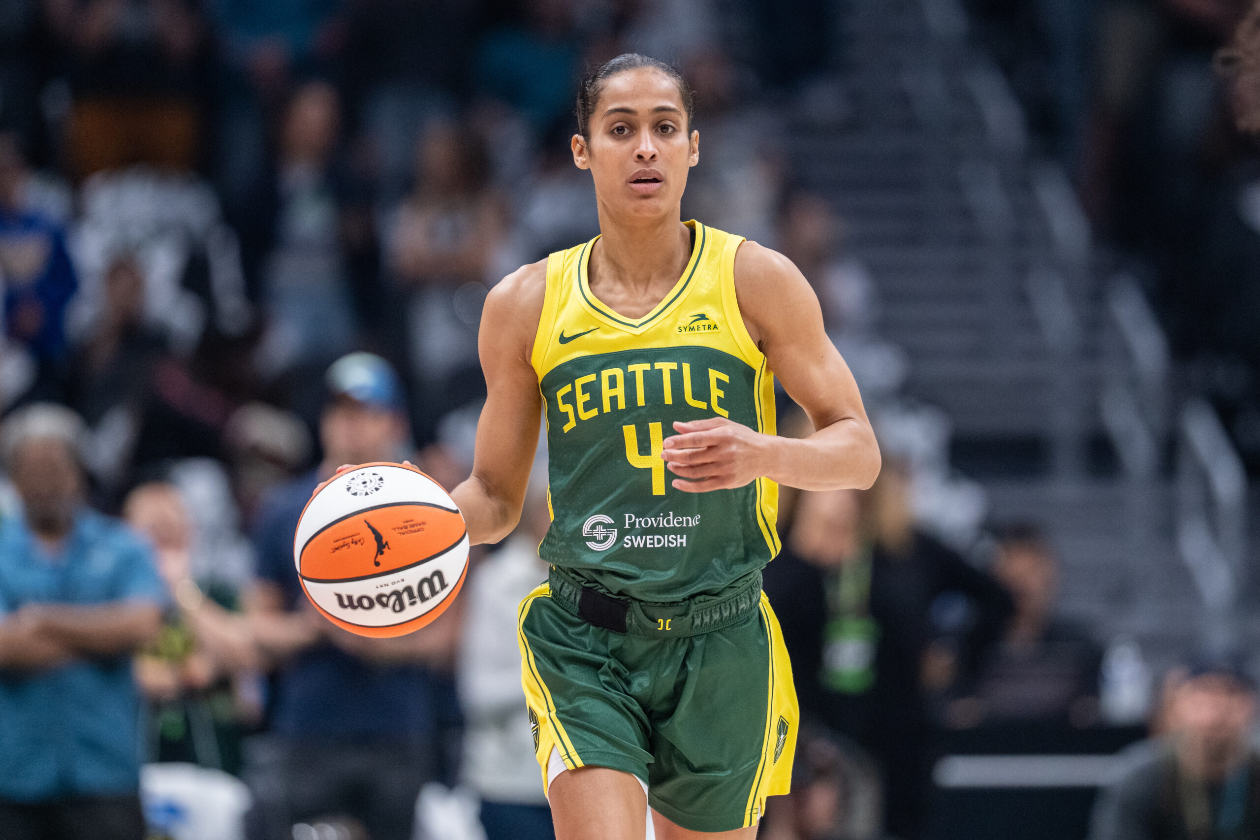 Jun 22, 2025; Seattle, Washington, USA; Seattle Storm guard Skylar Diggins (4) dribbles the ball against the New York Liberty at Climate Pledge Arena. Mandatory Credit: Stephen Brashear-Imagn Images