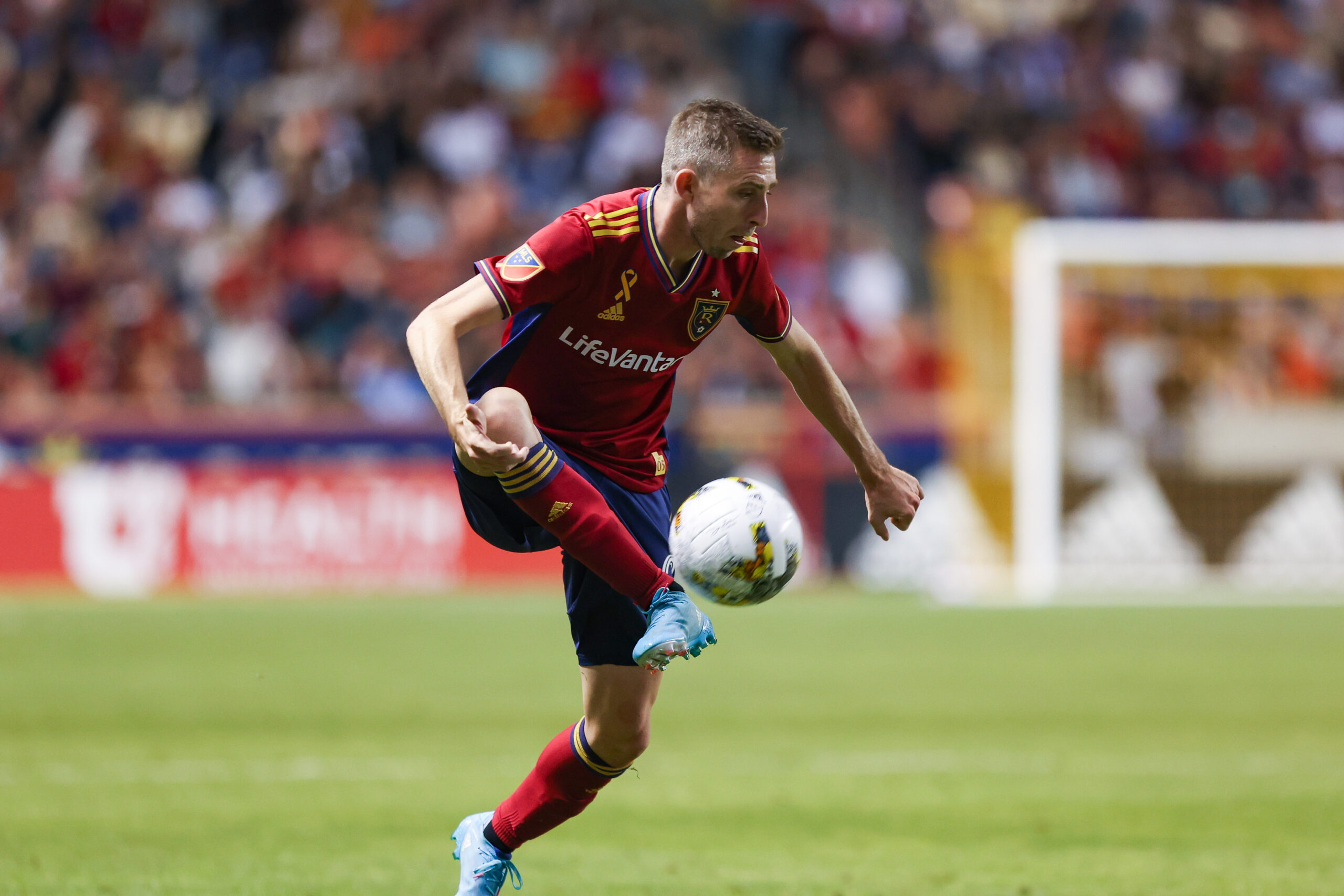 Sep 17, 2022; Sandy, Utah, USA; Real Salt Lake defender Andrew Brody (2) saves the ball during the second half against FC Cincinnati at Rio Tinto Stadium. Mandatory Credit: Melissa Majchrzak-Imagn Images