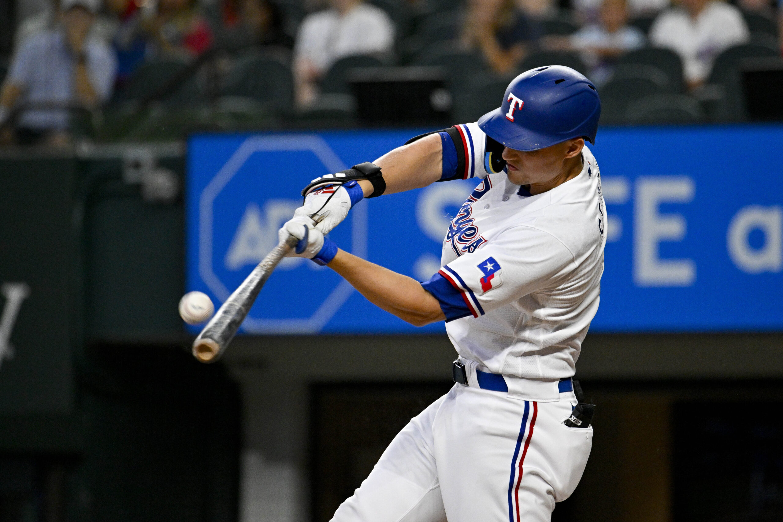 Aug 3, 2023; Arlington, Texas, USA; Texas Rangers designated hitter Corey Seagar (5) bats against the Chicago White Sox during the third inning at Globe Life Field. Mandatory Credit: Jerome Miron-Imagn Images