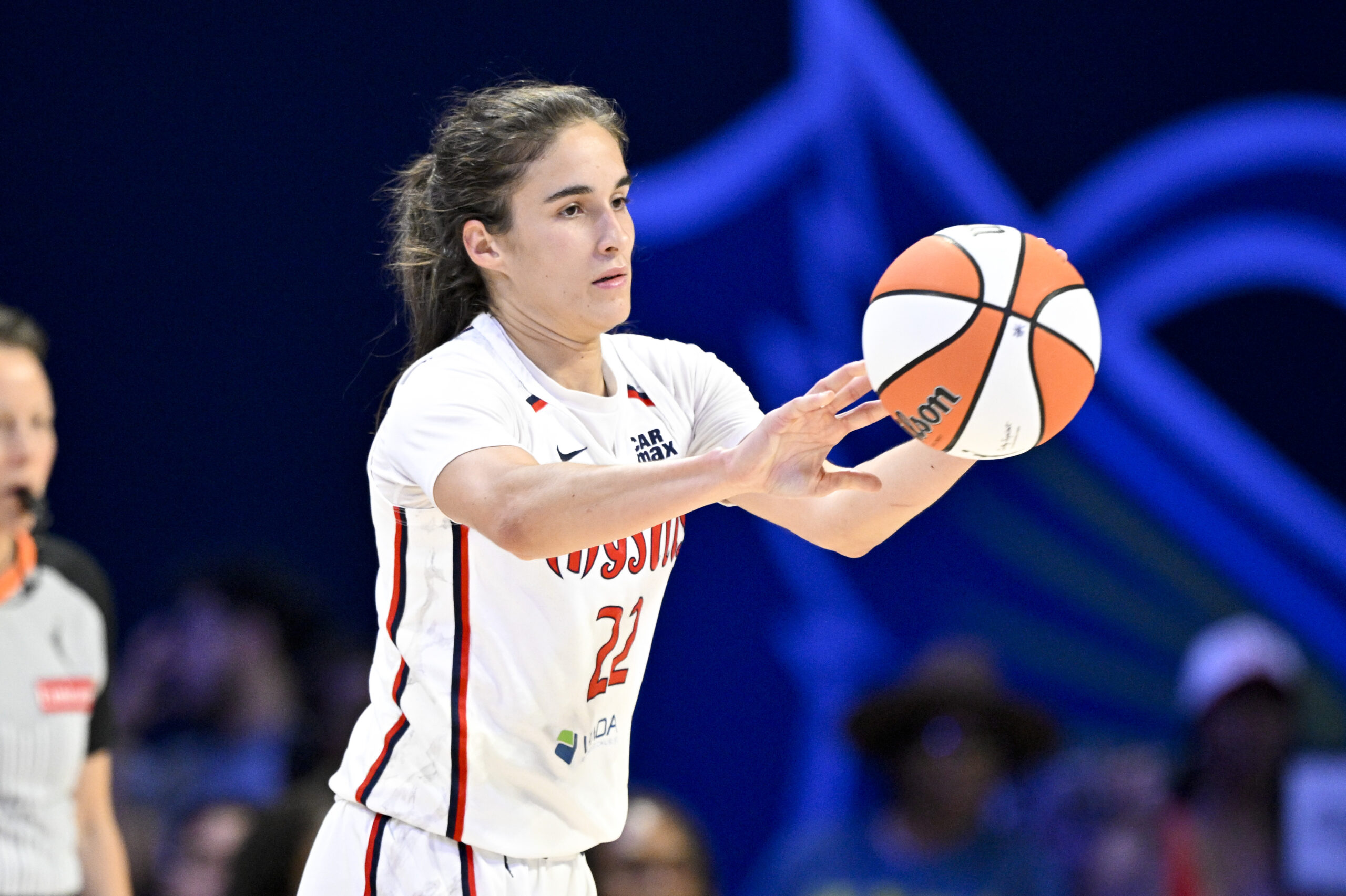 Jun 28, 2025; Arlington, Texas, USA; Washington Mystics guard Sonia Citron (22) passes the ball against the Dallas Wings during the second half at College Park Center. Mandatory Credit: Jerome Miron-Imagn Images