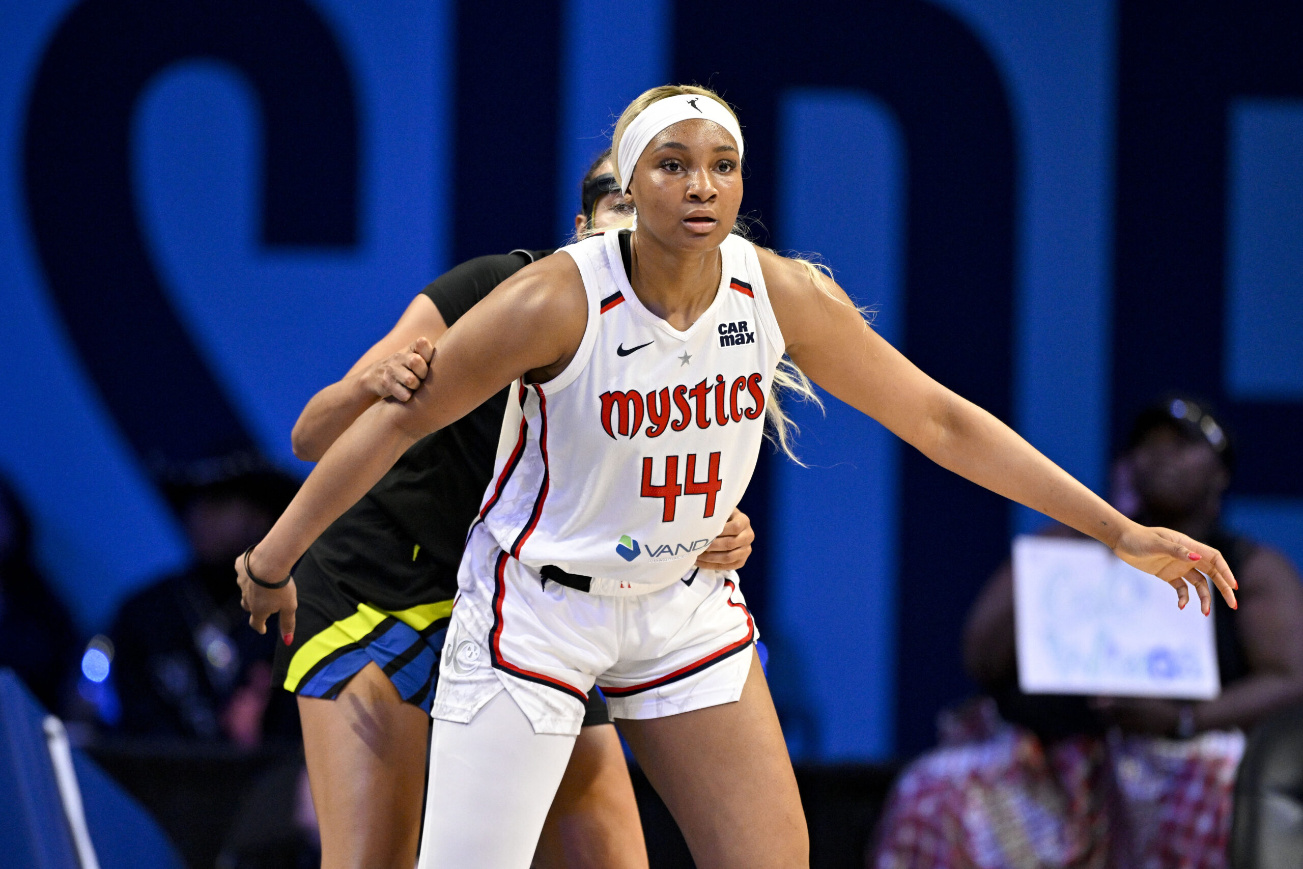 Jun 28, 2025; Arlington, Texas, USA; Washington Mystics forward Kiki Iriafen (44) in action during the game between the Dallas Wings and the Washington Mystics at College Park Center. Mandatory Credit: Jerome Miron-Imagn Images
