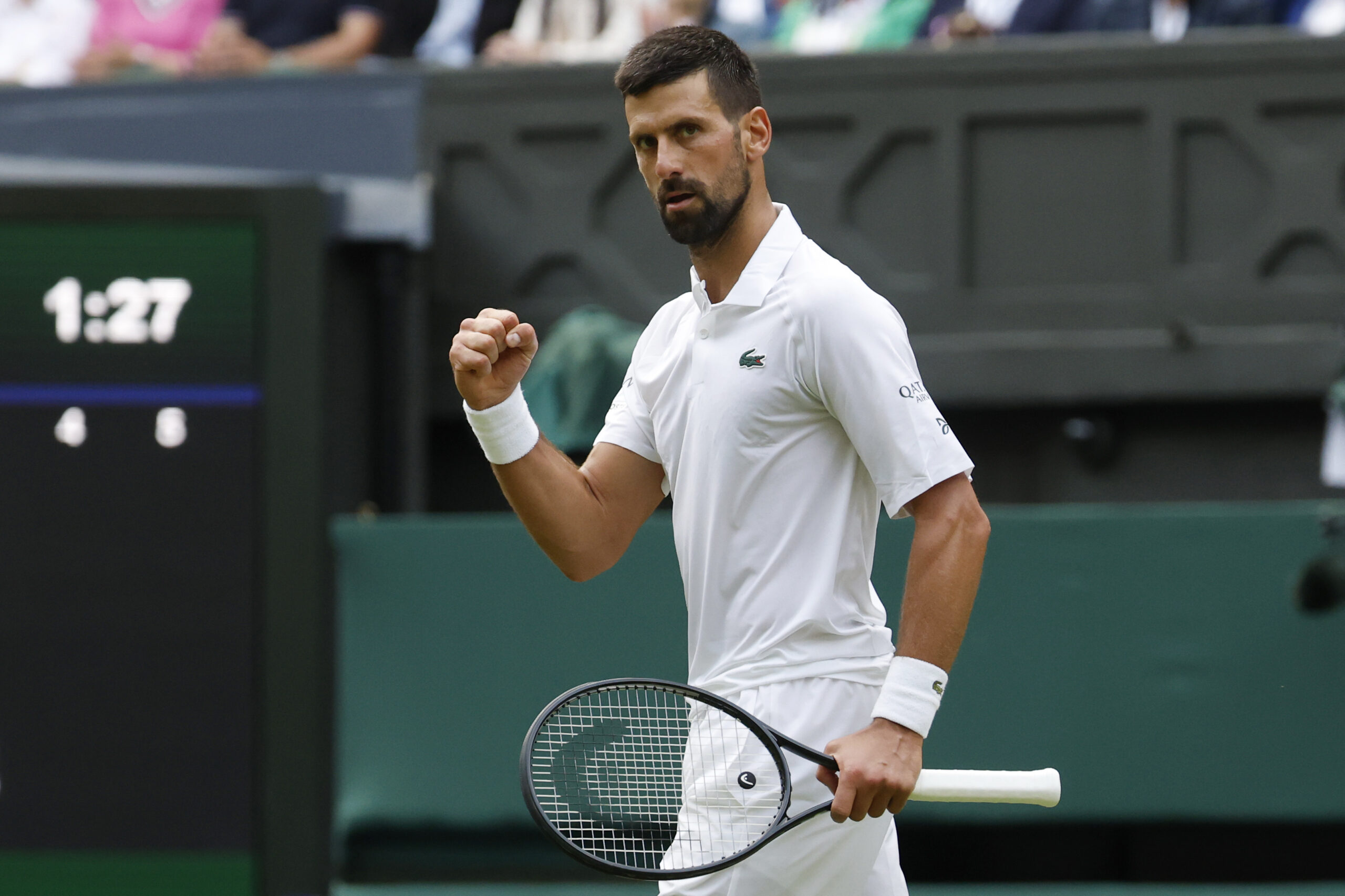 Jul 5, 2025; Wimbledon, United Kingdom; Novak Djokovic (SRB) reacts after winning a game against Miomir Kecmanovic (SRB)(not pictured) on day six of The Championships Wimbledon 2025 at All England Lawn Tennis and Croquet Club. Mandatory Credit: Geoff Burke-Imagn Images