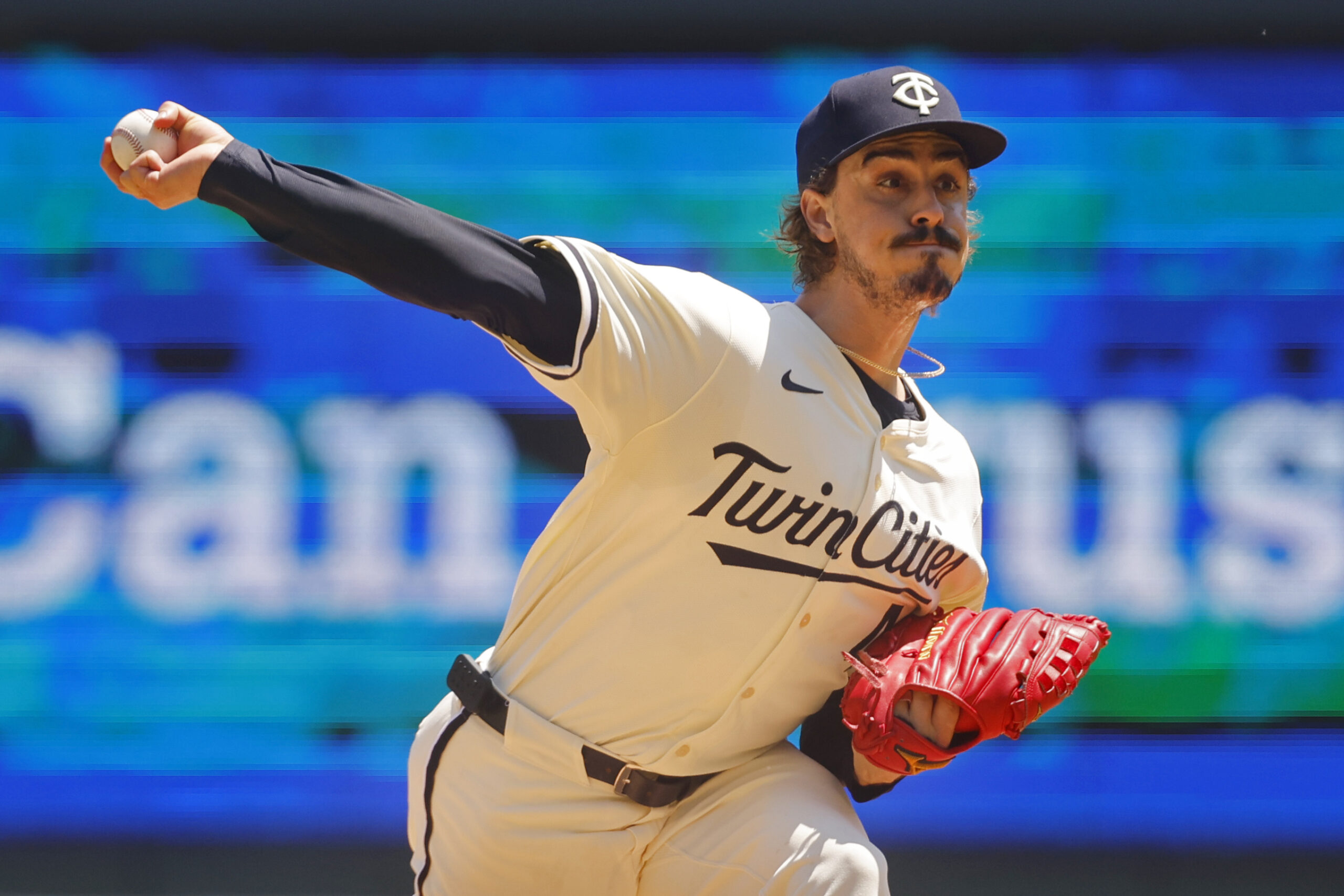 Jul 6, 2025; Minneapolis, Minnesota, USA; Minnesota Twins starting pitcher Joe Ryan (41) throws to the Tampa Bay Rays in the first inning at Target Field. Mandatory Credit: Bruce Kluckhohn-Imagn Images