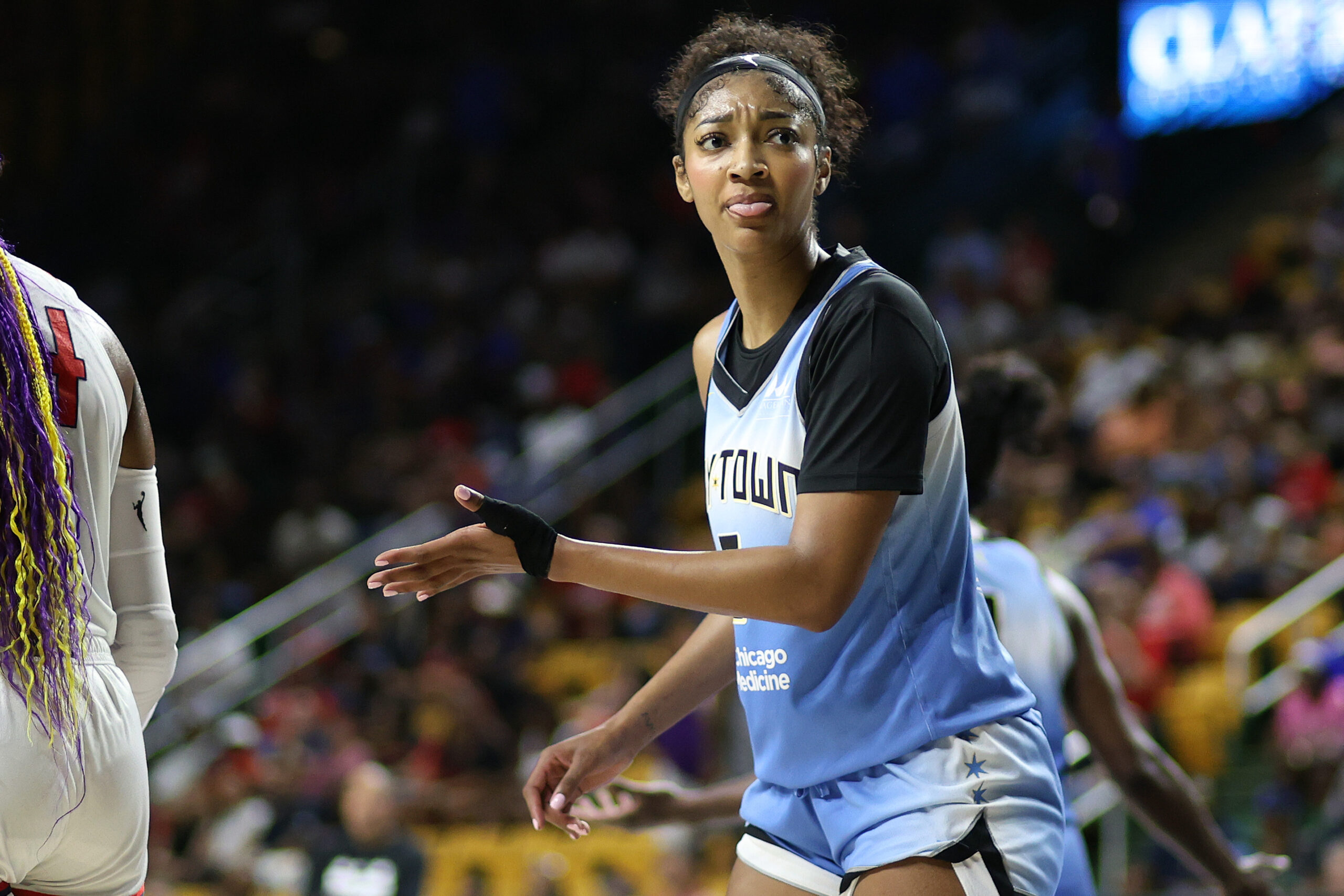 Jul 8, 2025; Fairfax, Virginia, USA; Chicago Sky forward Angel Reese (5) looks on during the first half against the Washington Mystics at EagleBank Arena. Mandatory Credit: Daniel Kucin Jr.-Imagn Images