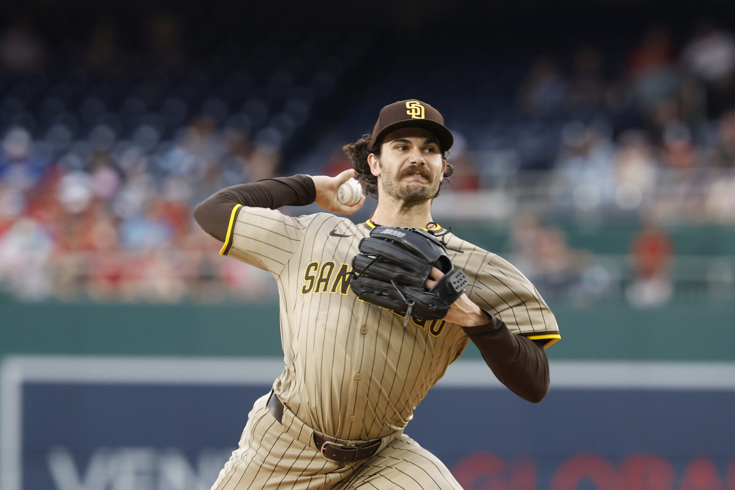 Jul 18, 2025; Washington, District of Columbia, USA; San Diego Padres starting pitcher Dylan Cease (84) pitches against the Washington Nationals during the first inning at Nationals Park. Mandatory Credit: Geoff Burke-Imagn Images