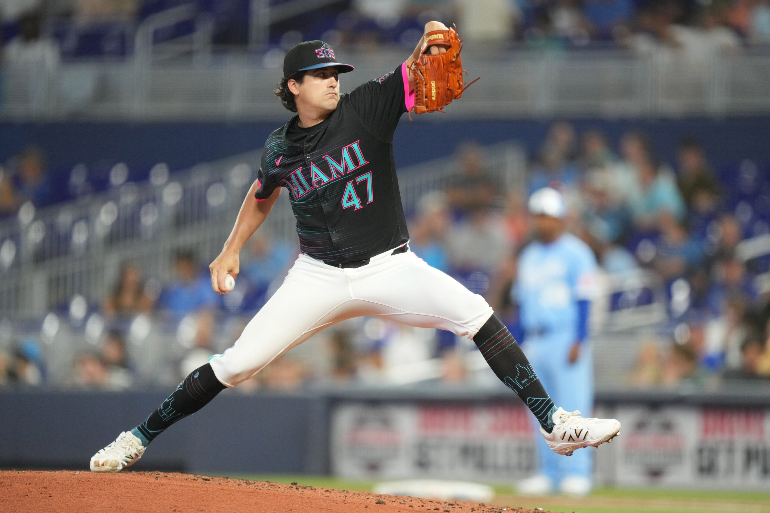 Jul 19, 2025; Miami, Florida, USA;  Miami Marlins pitcher Cal Quantrill (47) pitches in the second inning against the Kansas City Royals at loanDepot Park. Mandatory Credit: Jim Rassol-Imagn Images