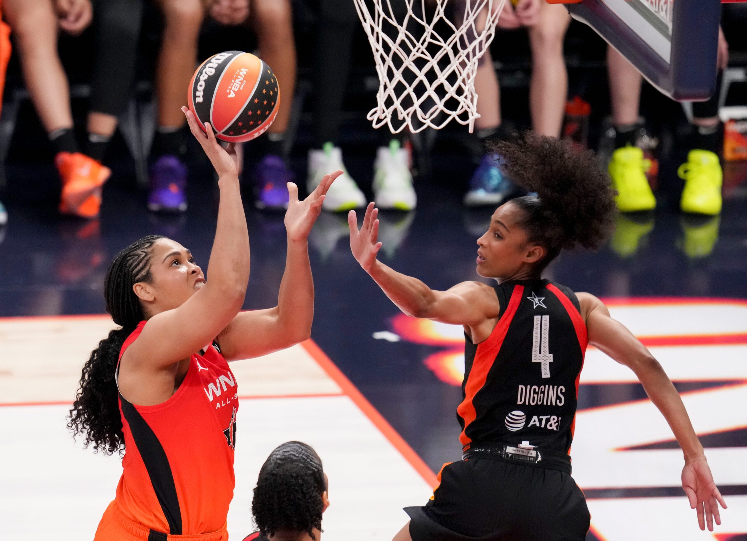 Atlanta Dream's Brionna Jones (24) goes up at the basket while being guarded by Seattle Storm's Skylar Diggins (4) on Saturday, July 19, 2025, during the WNBA All-Star Game at Gainbridge Fieldhouse in Indianapolis.