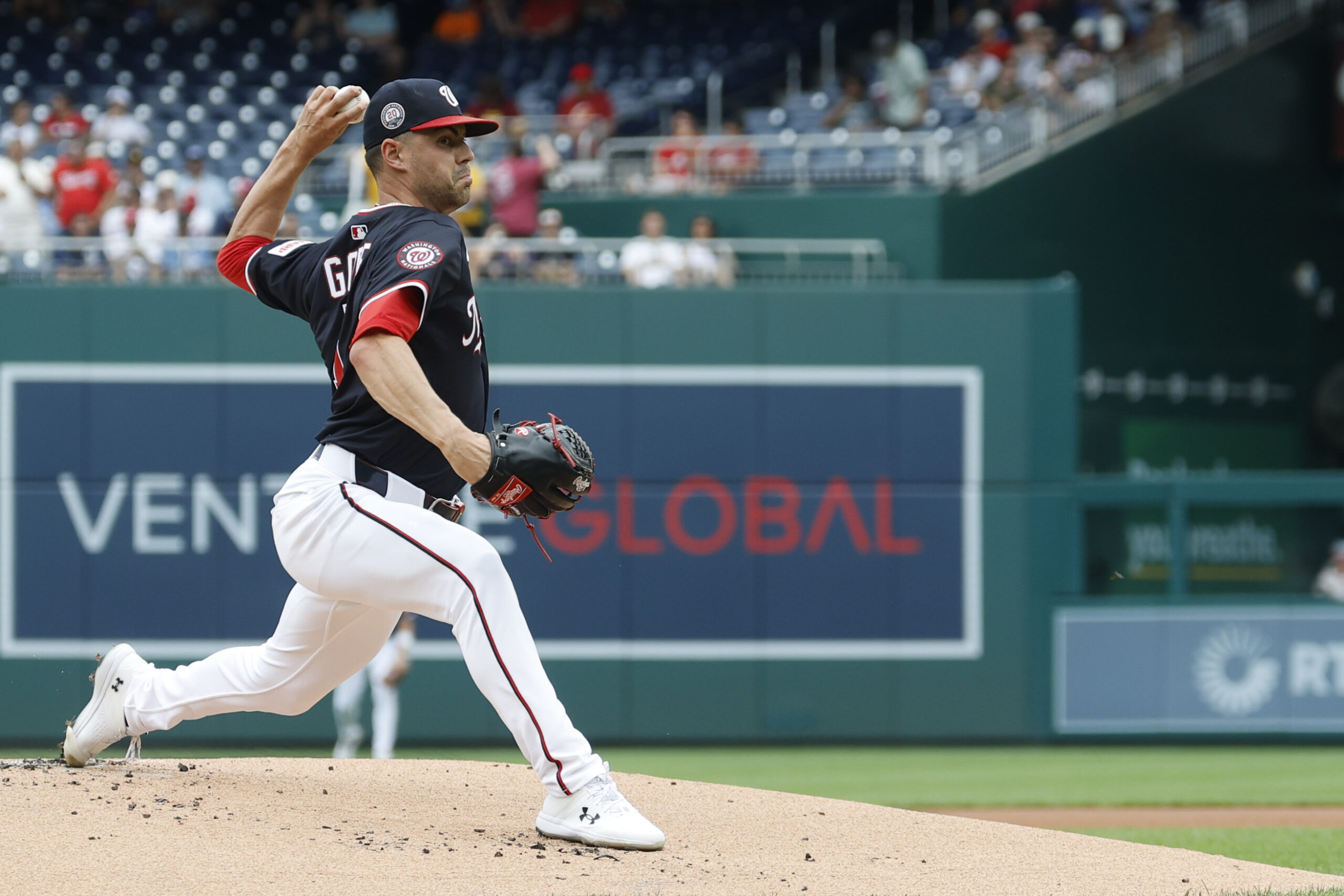 Jul 20, 2025; Washington, District of Columbia, USA; Washington Nationals starting pitcher MacKenzie Gore (1) pitches against the San Diego Padres during the first inning at Nationals Park. Mandatory Credit: Geoff Burke-Imagn Images