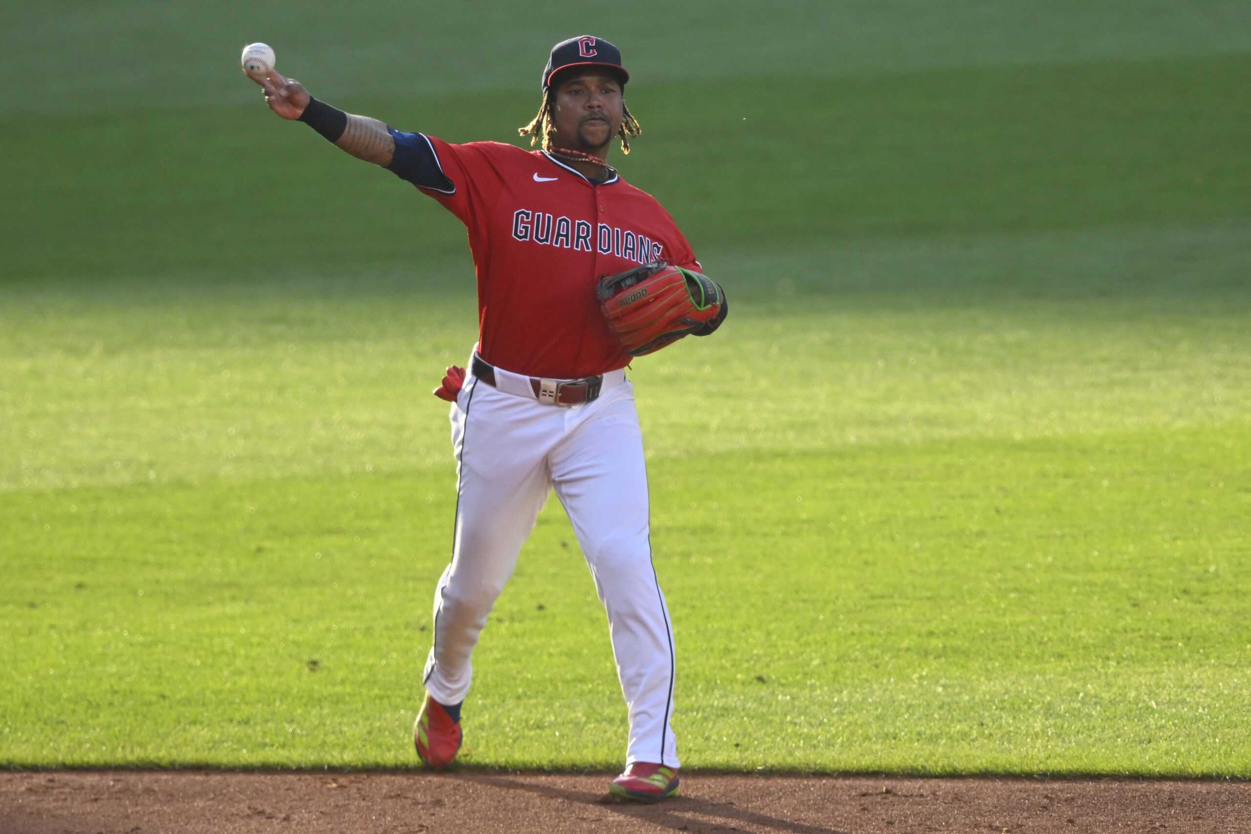 Jul 21, 2025; Cleveland, Ohio, USA; Cleveland Guardians third baseman Jose Ramirez (11) throws to first base in the third inning against the Baltimore Orioles at Progressive Field. Mandatory Credit: David Richard-Imagn Images