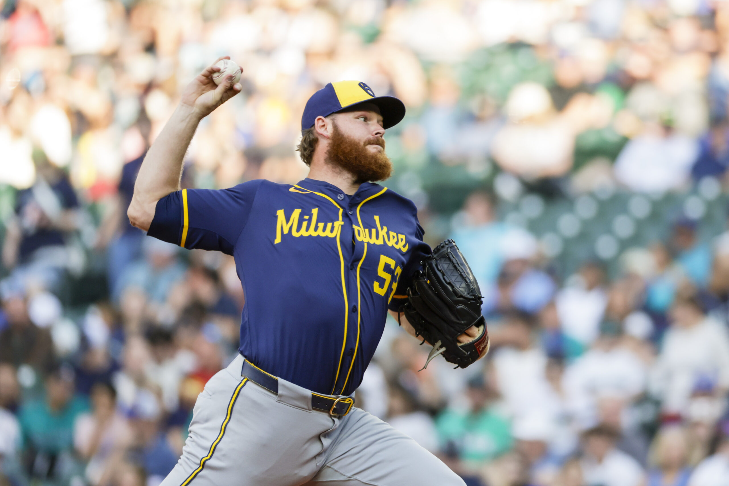 Jul 21, 2025; Seattle, Washington, USA; Milwaukee Brewers starting pitcher Brandon Woodruff (53) throws against the Seattle Mariners during the second inning at T-Mobile Park. Mandatory Credit: Joe Nicholson-Imagn Images