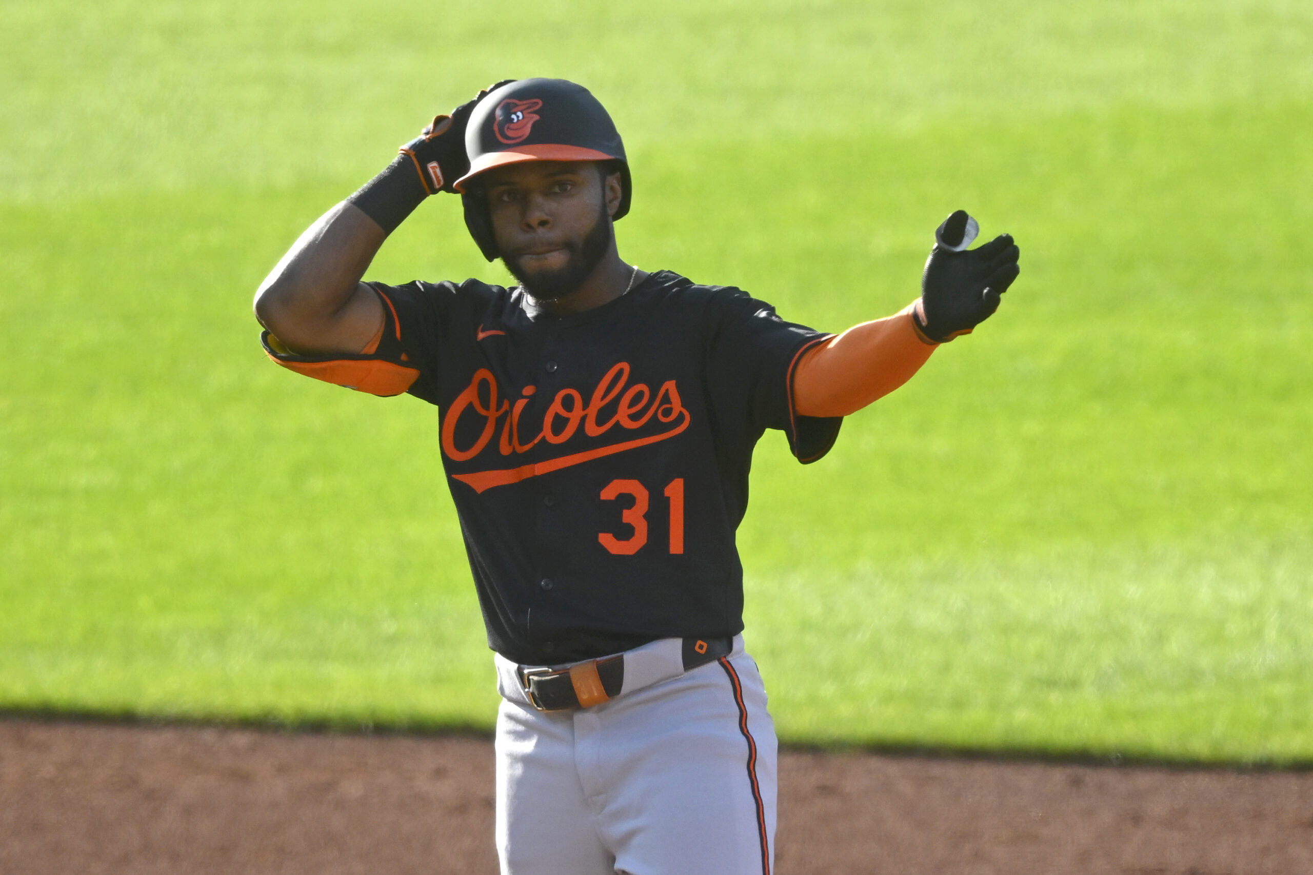 Jul 23, 2025; Cleveland, Ohio, USA; Baltimore Orioles center fielder Cedric Mullins (31) celebrates his doubles in the third inning against the Cleveland Guardians at Progressive Field. Mandatory Credit: David Richard-Imagn Images