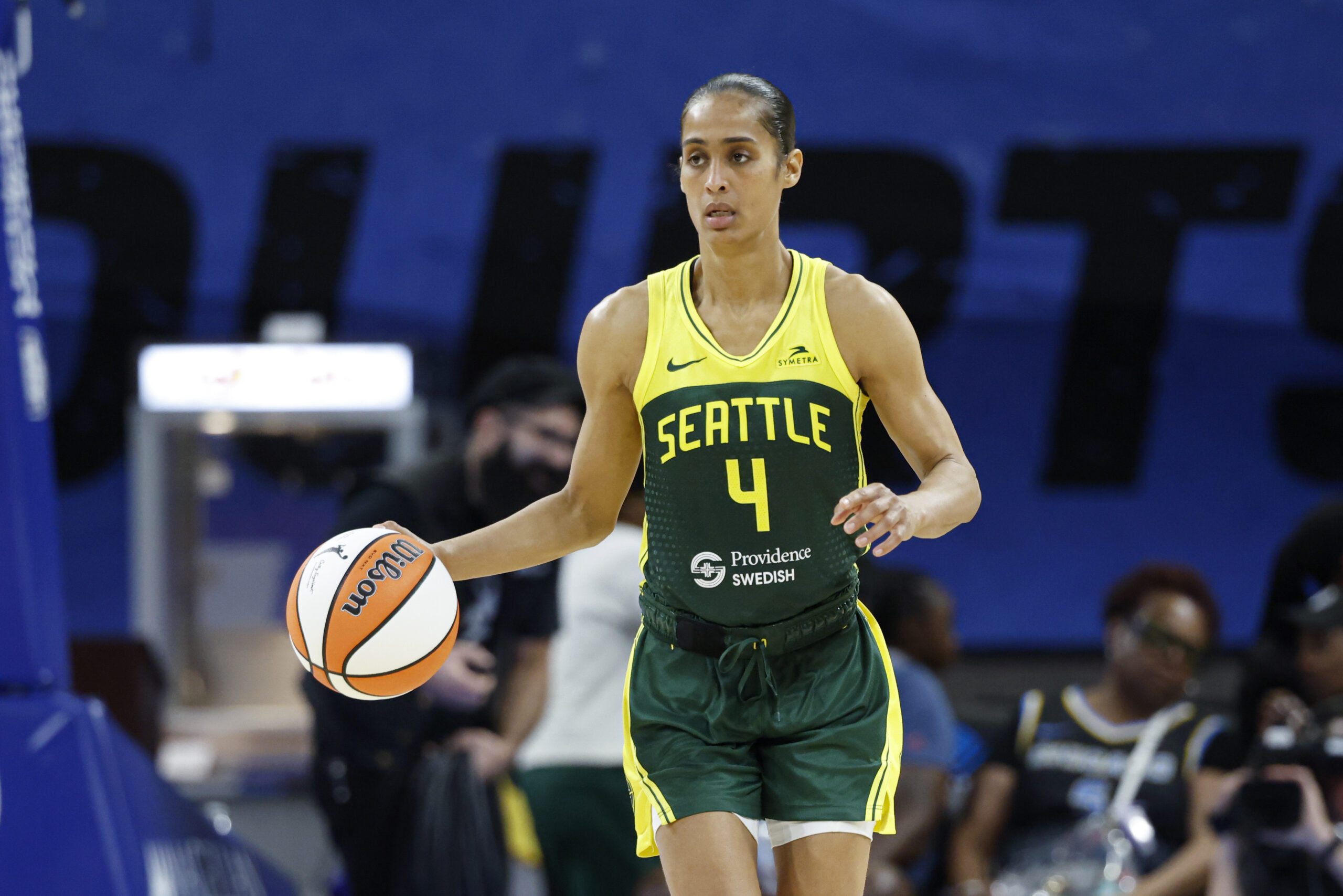 Jul 24, 2025; Chicago, Illinois, USA; Seattle Storm guard Skylar Diggins (4) brings the ball up court against the Chicago Sky during the second half at Wintrust Arena. Mandatory Credit: Kamil Krzaczynski-Imagn Images