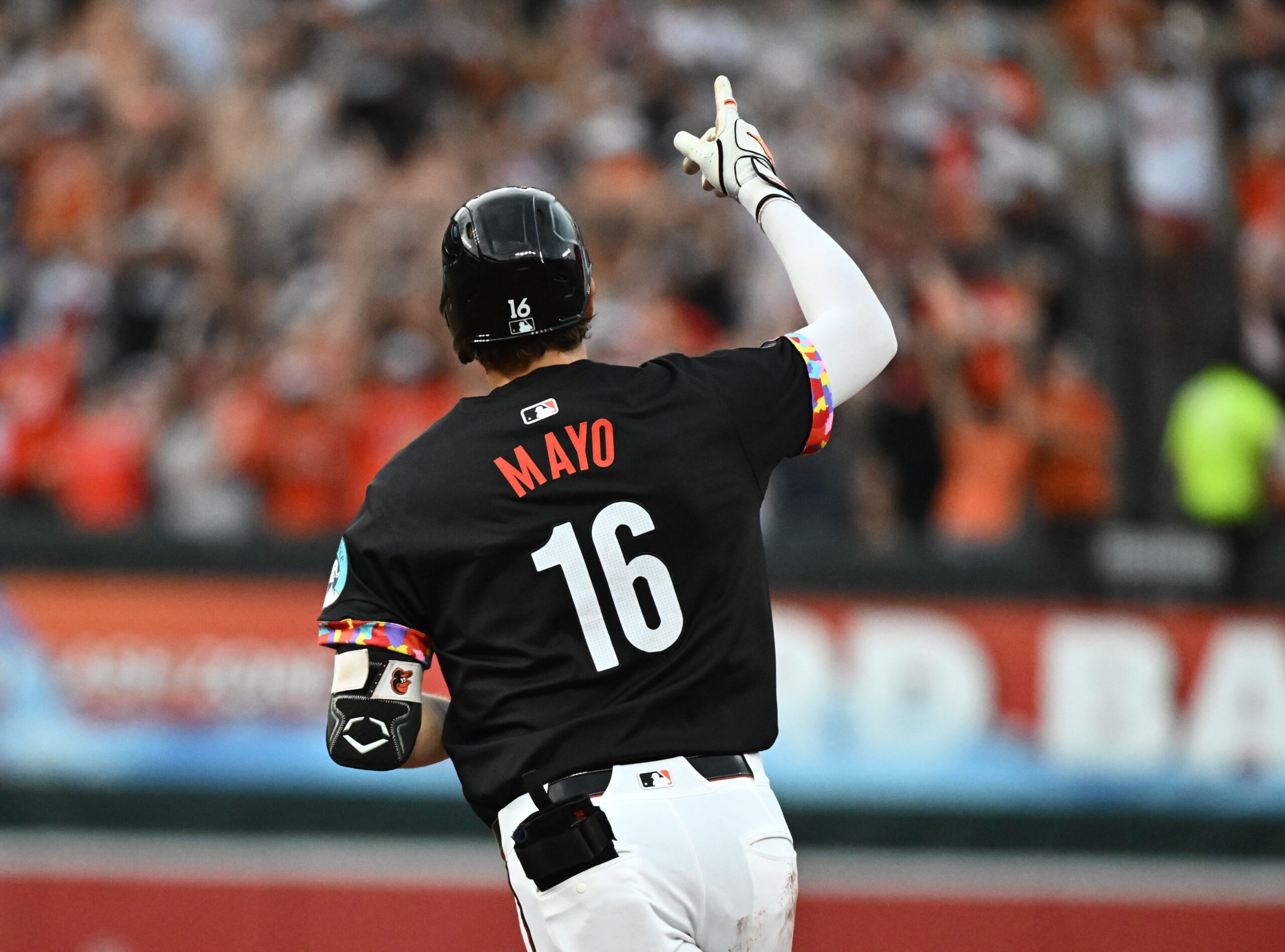 Jul 25, 2025; Baltimore, Maryland, USA;  Baltimore Orioles first baseman Coby Mayo (16) gestures after hitting a solo home run during the second inning against the Colorado Rockies at Oriole Park at Camden Yards. Mandatory Credit: James A. Pittman-Imagn Images