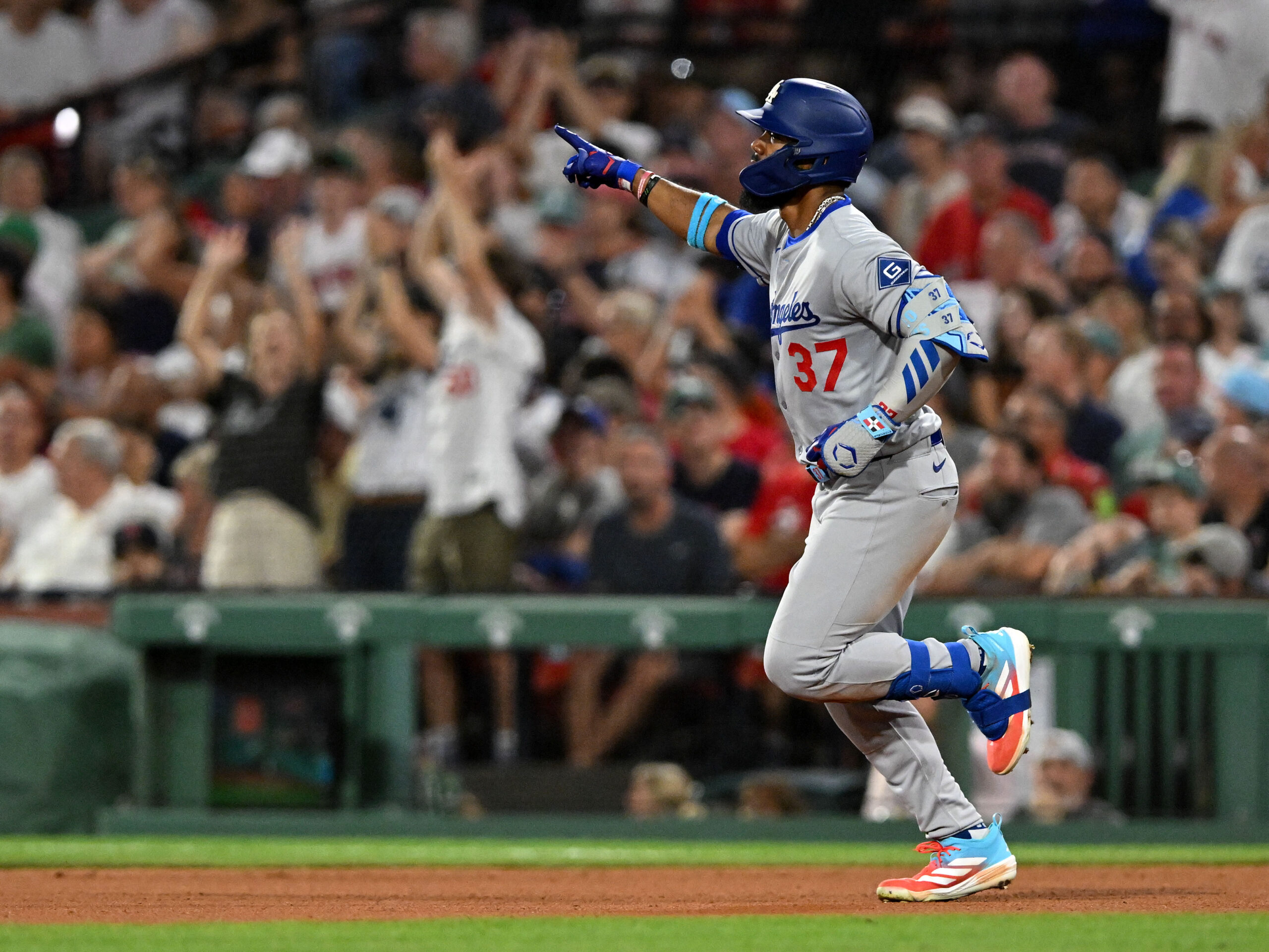 Jul 25, 2025; Boston, Massachusetts, USA;  Los Angeles Dodgers right fielder Teoscar Hernandez (37) reacts after hitting a two-run home run against the Boston Red Sox during the eighth inning at Fenway Park. Mandatory Credit: Brian Fluharty-Imagn Images