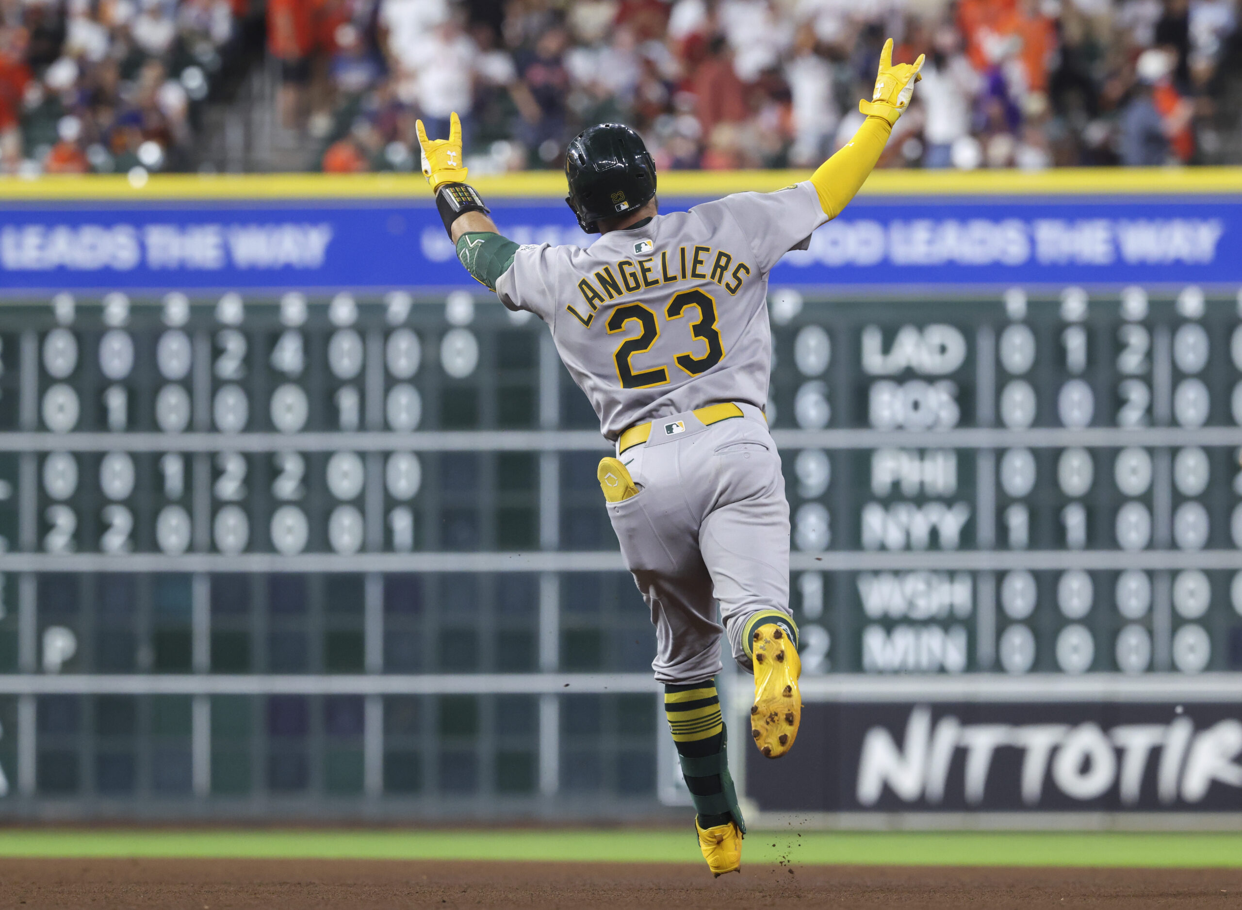 Jul 25, 2025; Houston, Texas, USA; Athletics catcher Shea Langeliers (23) rounds the bases after hitting a home run during the fourth inning against the Houston Astros at Daikin Park. Mandatory Credit: Troy Taormina-Imagn Images