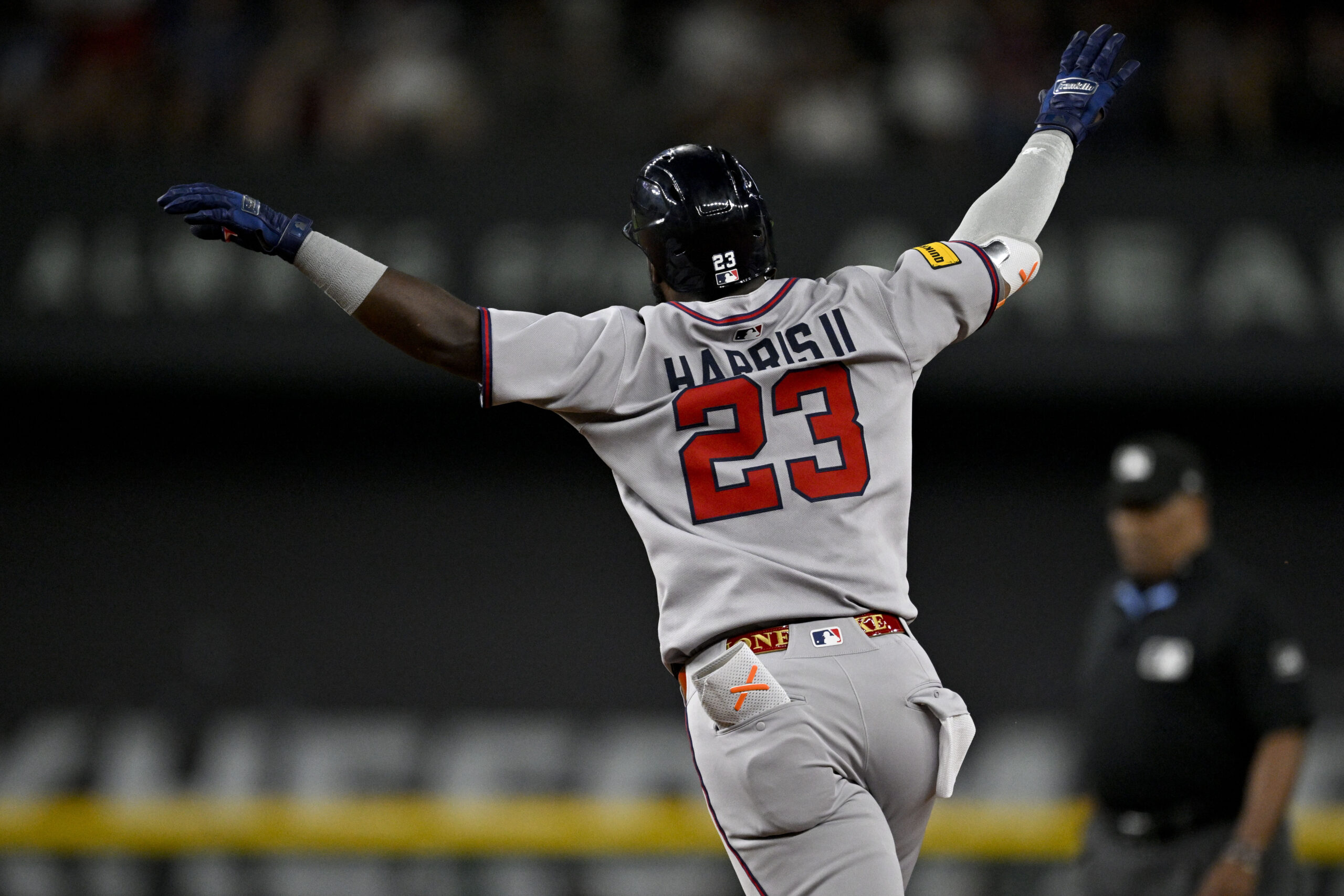 Jul 25, 2025; Arlington, Texas, USA; Atlanta Braves center fielder Michael Harris II (23) rounds the bases after he hits a home run against the Texas Rangers during the game at Globe Life Field. Mandatory Credit: Jerome Miron-Imagn Images
