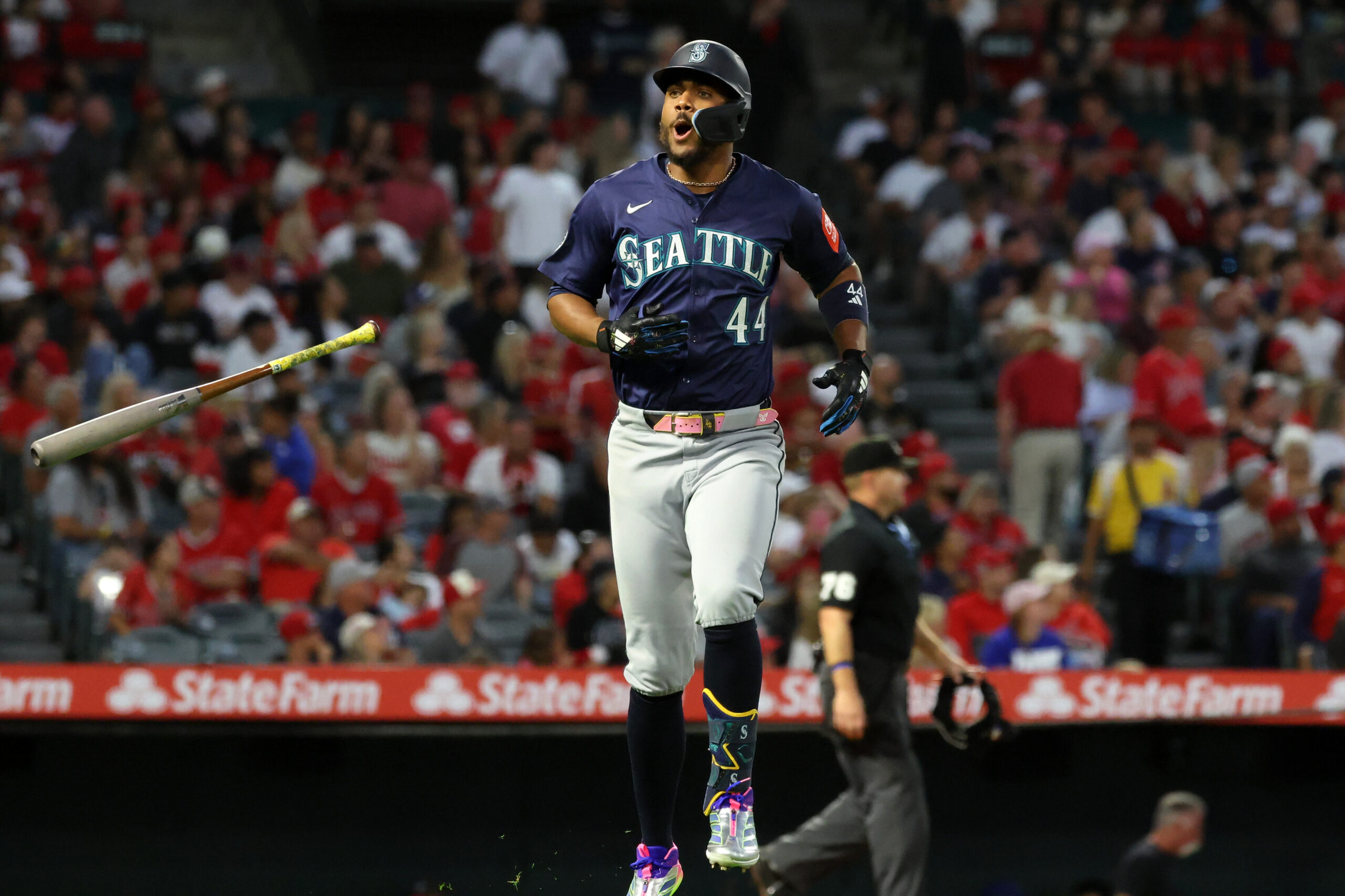 Jul 25, 2025; Anaheim, California, USA;  Seattle Mariners center fielder Julio Rodriguez (44) celebrates after hitting a home run during the sixth inning against the Los Angeles Angels at Angel Stadium. Mandatory Credit: Kiyoshi Mio-Imagn Images