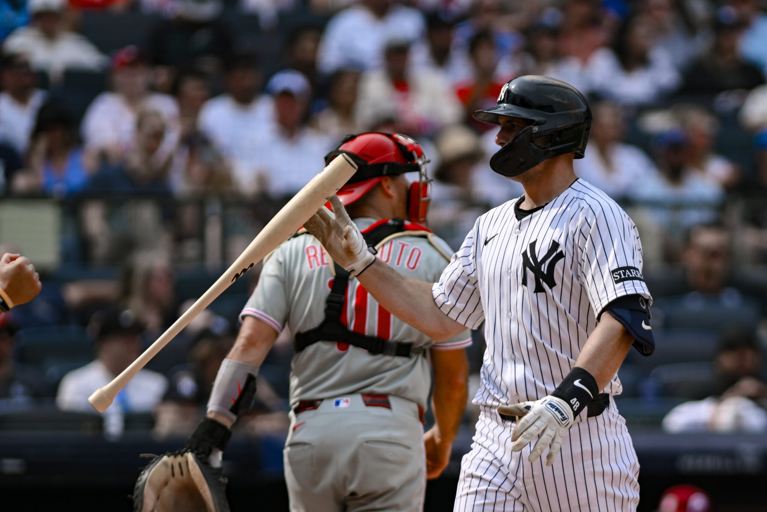 Jul 26, 2025; Bronx, New York, USA; New York Yankees first baseman Paul Goldschmidt (48) reacts after striking out against the Philadelphia Phillies during the eighth inning at Yankee Stadium. Mandatory Credit: John Jones-Imagn Images