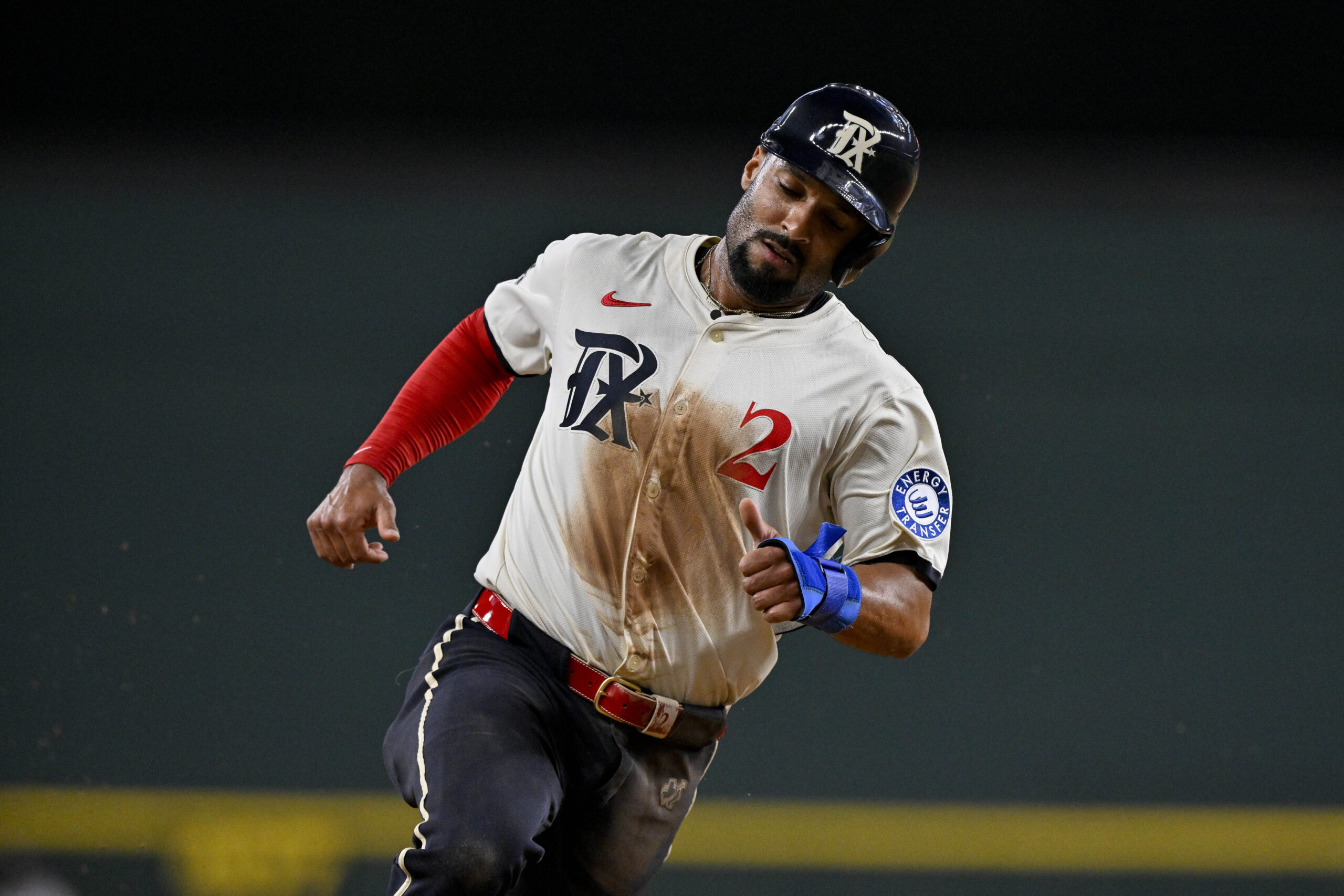 Jul 25, 2025; Arlington, Texas, USA; Texas Rangers second baseman Marcus Semien (2) in action during the game between the Texas Rangers and the Atlanta Braves at Globe Life Field. Mandatory Credit: Jerome Miron-Imagn Images