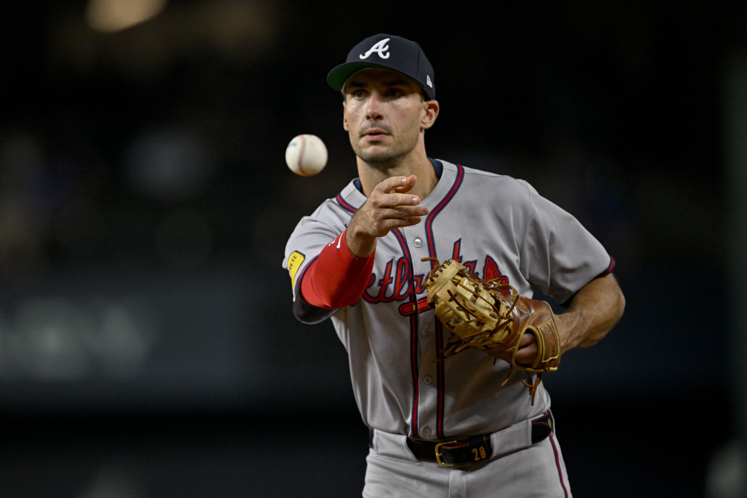 Jul 25, 2025; Arlington, Texas, USA; Atlanta Braves first baseman Matt Olson (28) in action during the game between the Texas Rangers and the Atlanta Braves at Globe Life Field. Mandatory Credit: Jerome Miron-Imagn Images