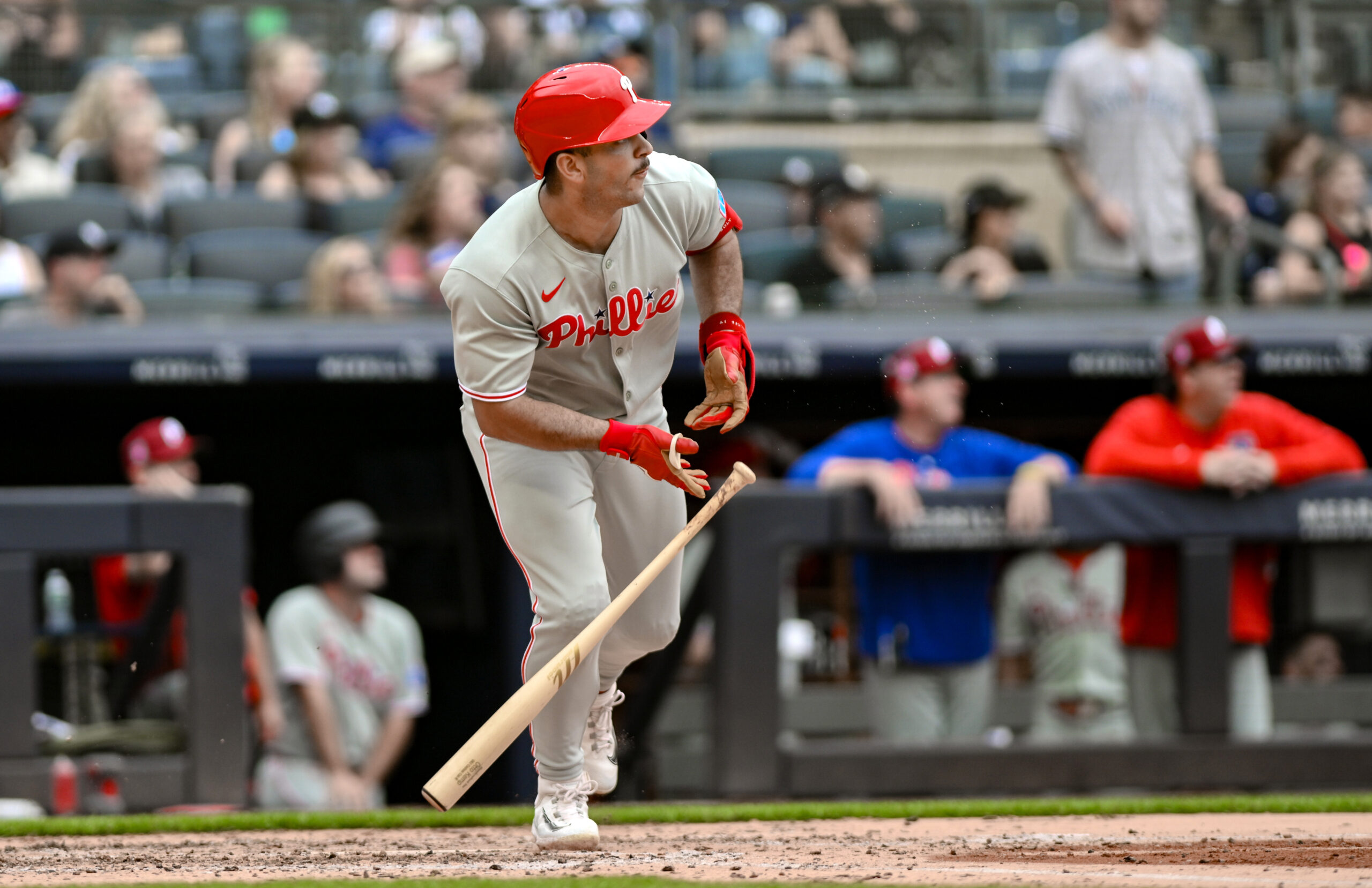 Jul 27, 2025; Bronx, New York, USA; Philadelphia Phillies first baseman Otto Kemp (4) hits his second home run of the game during the fifth inning against the New York Yankees at Yankee Stadium. Mandatory Credit: John Jones-Imagn Images