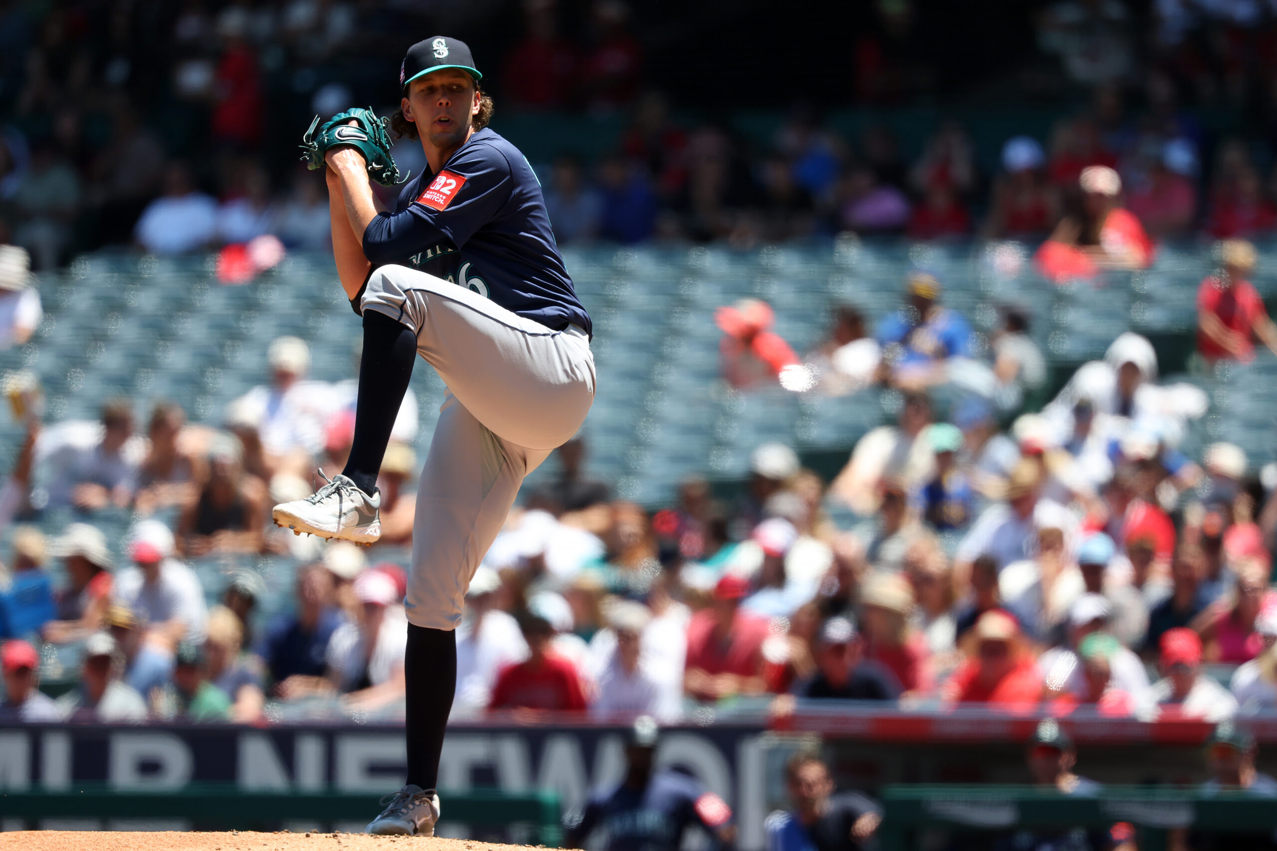 Jul 27, 2025; Anaheim, California, USA;  Seattle Mariners starting pitcher Logan Gilbert (36) pitches during the second inning against the Los Angeles Angels at Angel Stadium. Mandatory Credit: Kiyoshi Mio-Imagn Images