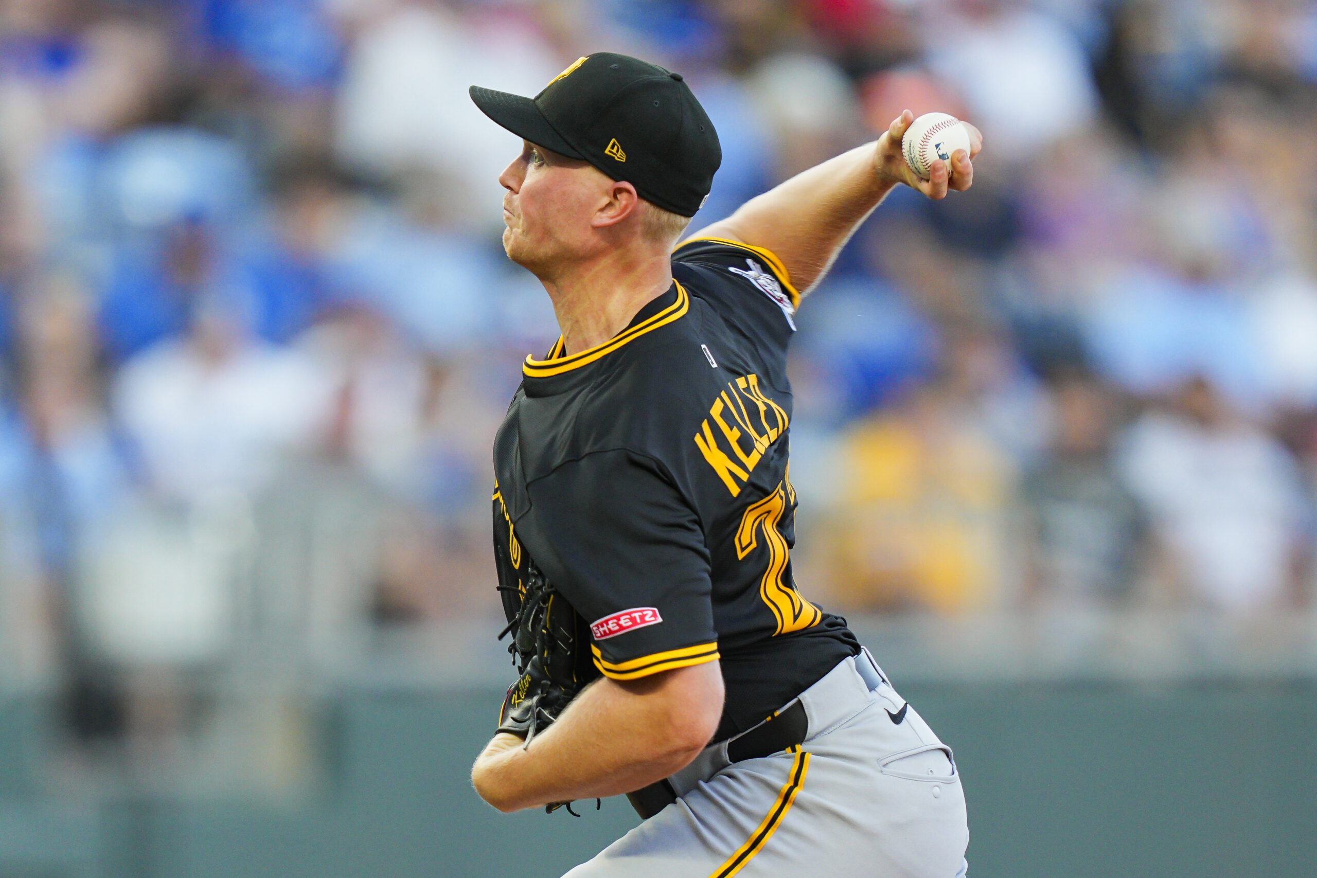 Jul 8, 2025; Kansas City, Missouri, USA; Pittsburgh Pirates starting pitcher Mitch Keller (23) pitches during the second inning against the Kansas City Royals at Kauffman Stadium. Mandatory Credit: Jay Biggerstaff-Imagn Images