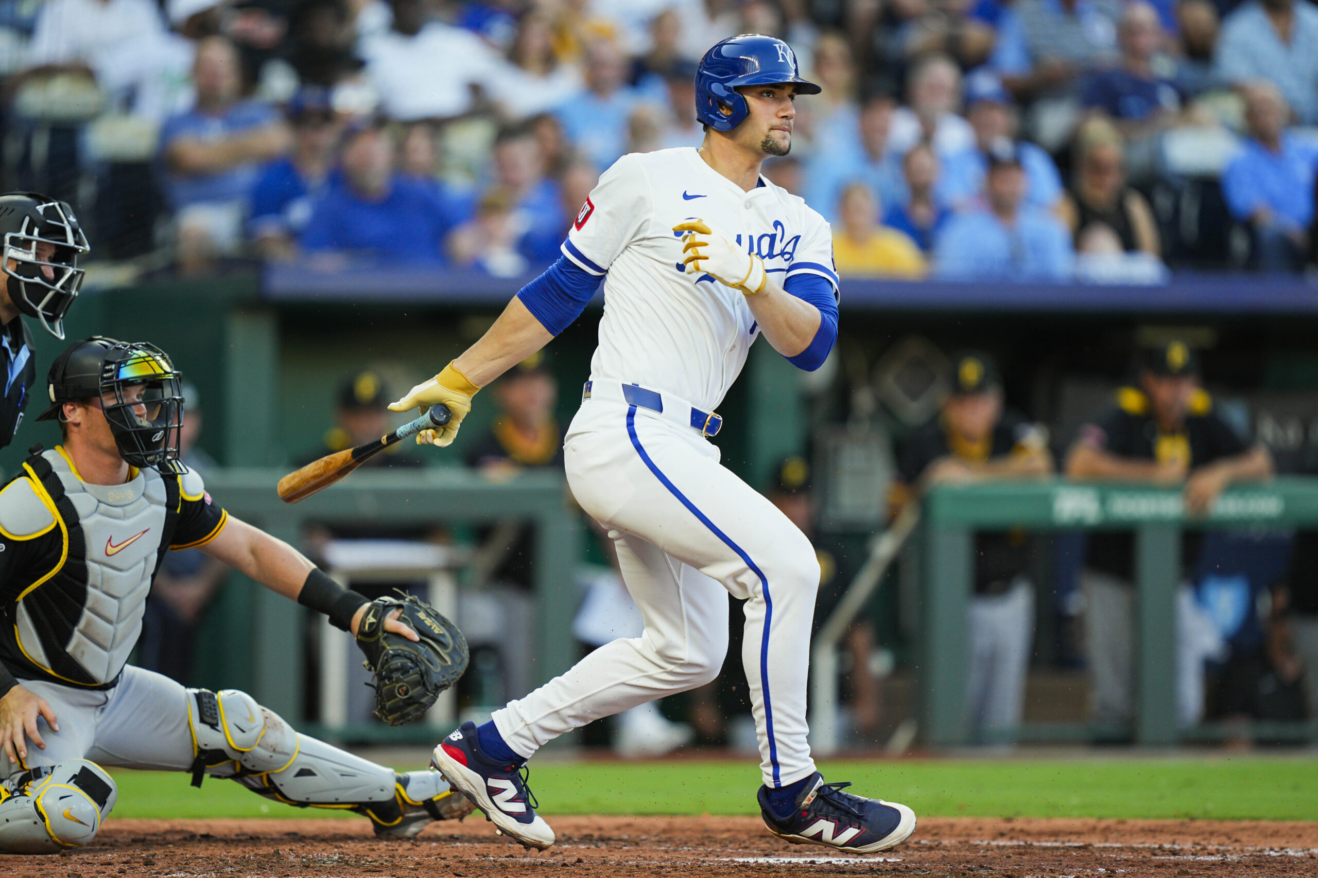Jul 8, 2025; Kansas City, Missouri, USA; Kansas City Royals right fielder Jac Caglianone (14) bats during the fourth inning against the Pittsburgh Pirates at Kauffman Stadium. Mandatory Credit: Jay Biggerstaff-Imagn Images