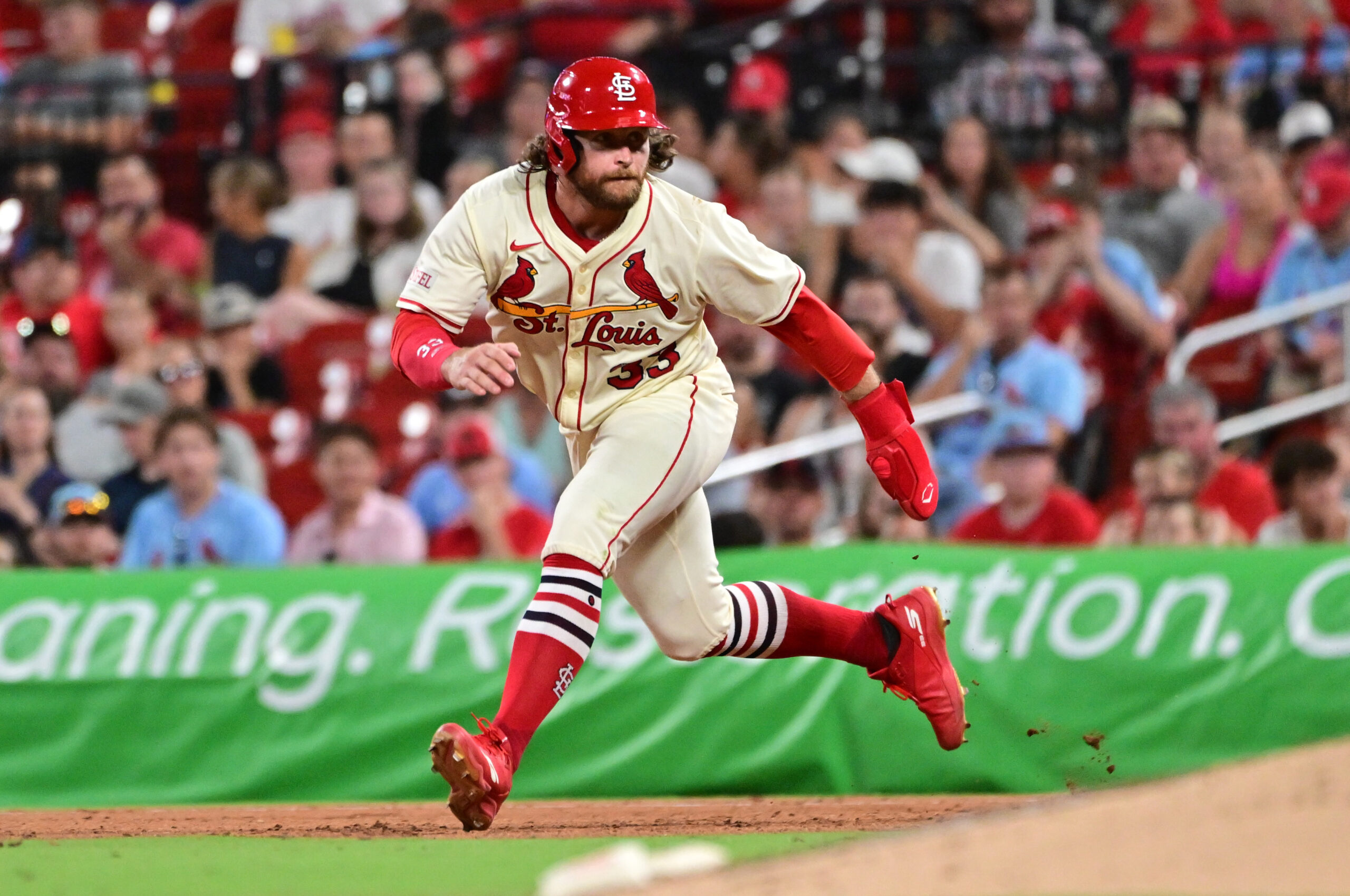 Jul 26, 2025; St. Louis, Missouri, USA;  St. Louis Cardinals second baseman Brendan Donovan (33) takes a big leadoff from first base against the San Diego Padres at Busch Stadium. Mandatory Credit: Tim Vizer-Imagn Images