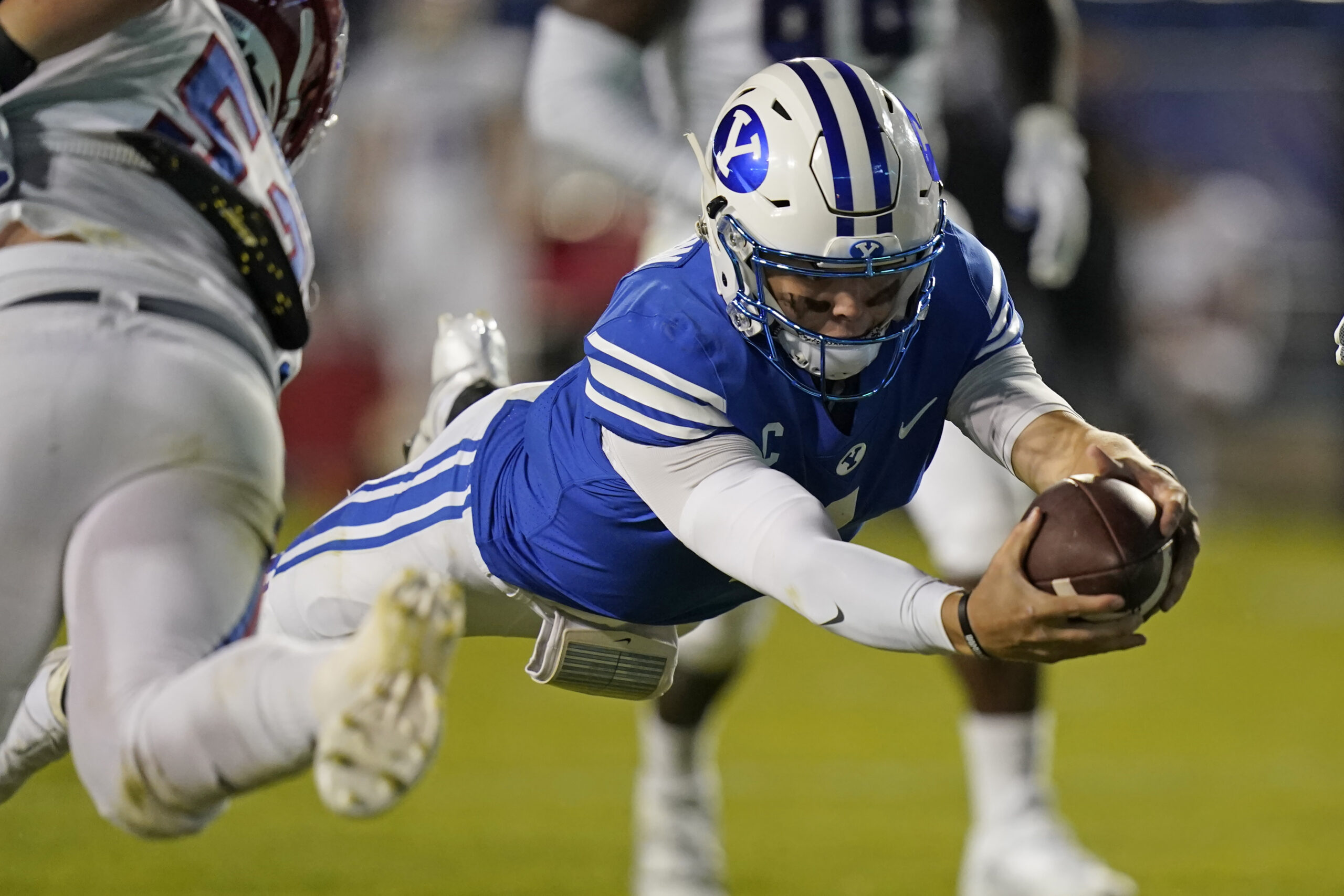 Oct 2, 2020; Provo, UT, USA; BYU quarterback Zach Wilson (1)scores against Louisiana Tech in the second half during an NCAA college football game Friday, Oct. 2, 2020, in Provo, Utah.  Mandatory Credit: Rick Bowmer/Pool Photo-Imagn Images