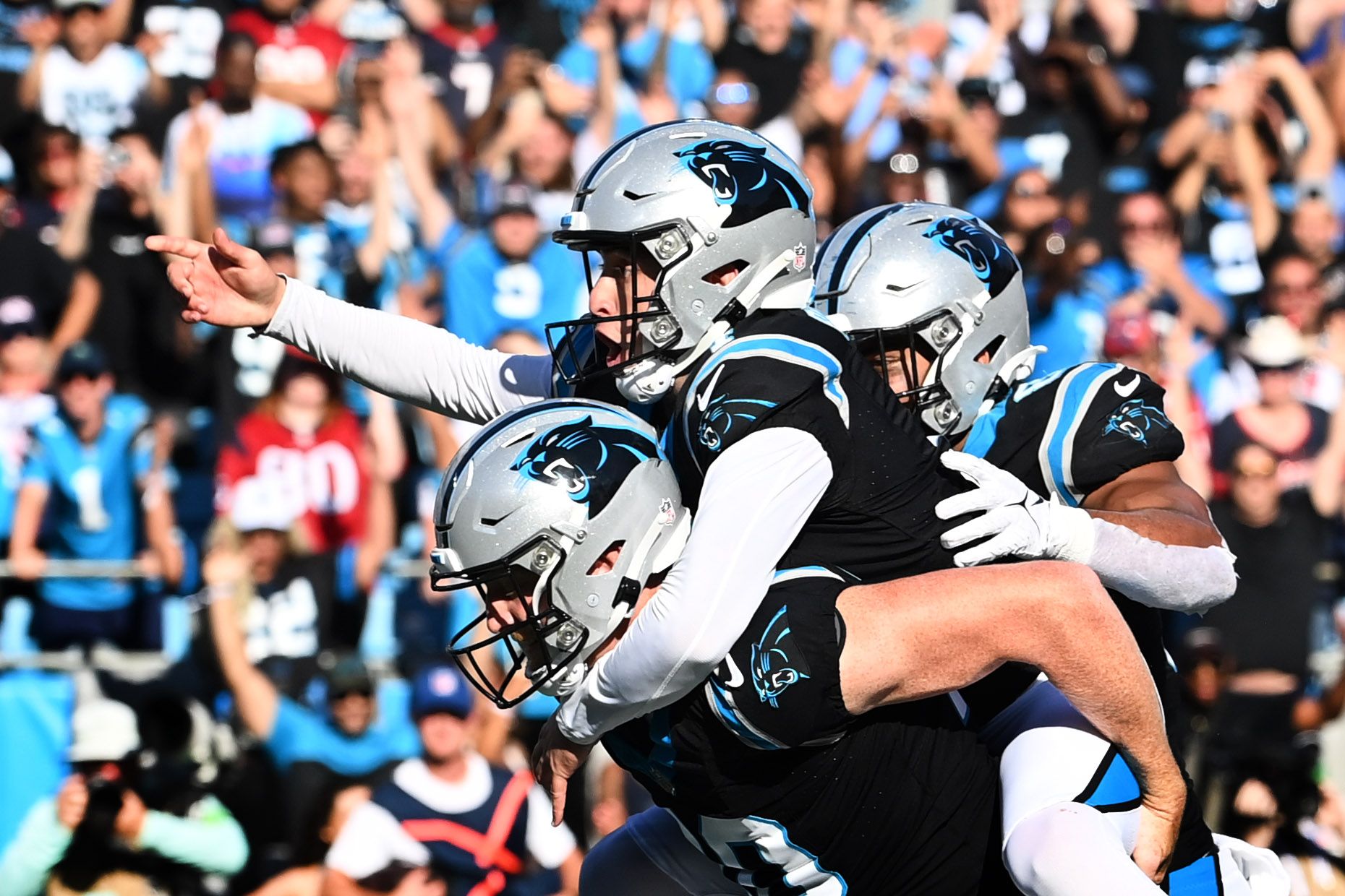 Oct 29, 2023; Charlotte, North Carolina, USA; Carolina Panthers place kicker Eddy Pineiro (4) celebrating after the game winning field goal in the last seconds of the fourth quarter at Bank of America Stadium. Mandatory Credit: Bob Donnan-Imagn Images