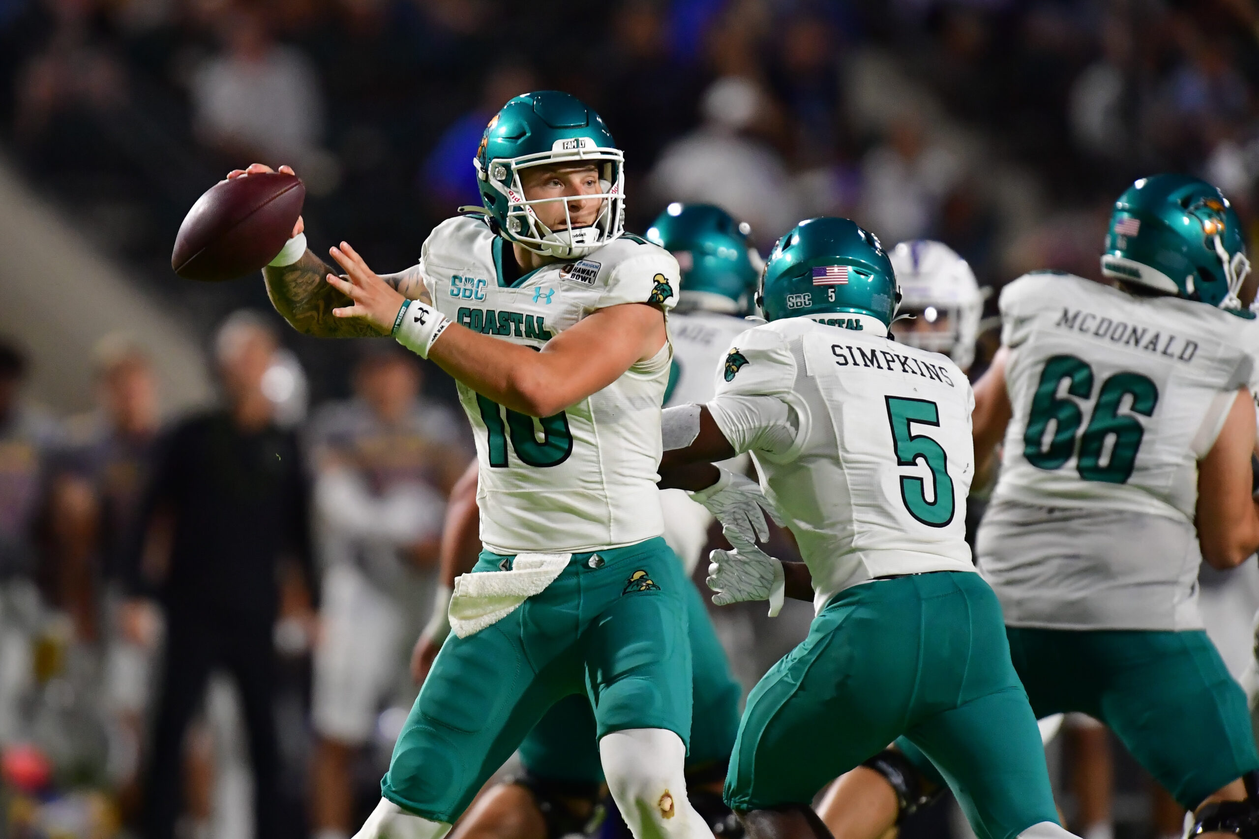 Dec 23, 2023; Honolulu, HI, USA; Coastal Carolina Chanticleers quarterback Ethan Vasko (16) drops back to throw a pass against the San Jose State Spartans during the first quarter of the Easypost Hawaii Bowl at Clarence T.C. Ching Athletics Complex. Mandatory Credit: Steven Erler-Imagn Images