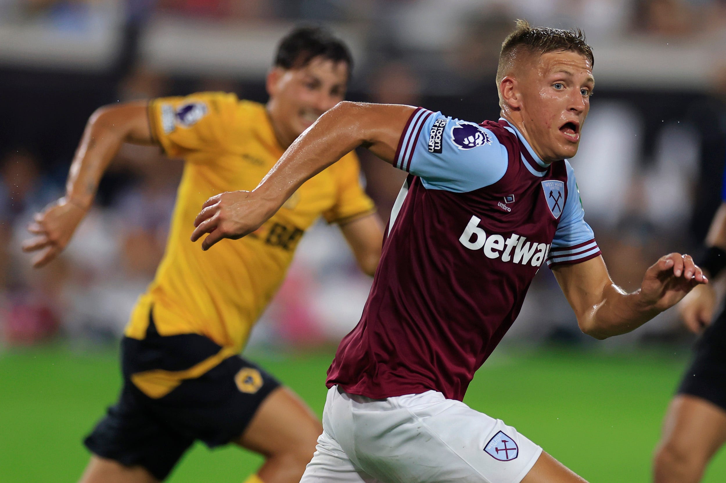 West Ham United forward Callum Marshall (50) runs during the second half of The Stateside Cup soccer tournament game Saturday, July 27, 2024 at EverBank Stadium in Jacksonville, Fla. The Wolverhampton Wanderers defeated West Ham United 3-1 in exhibition play.