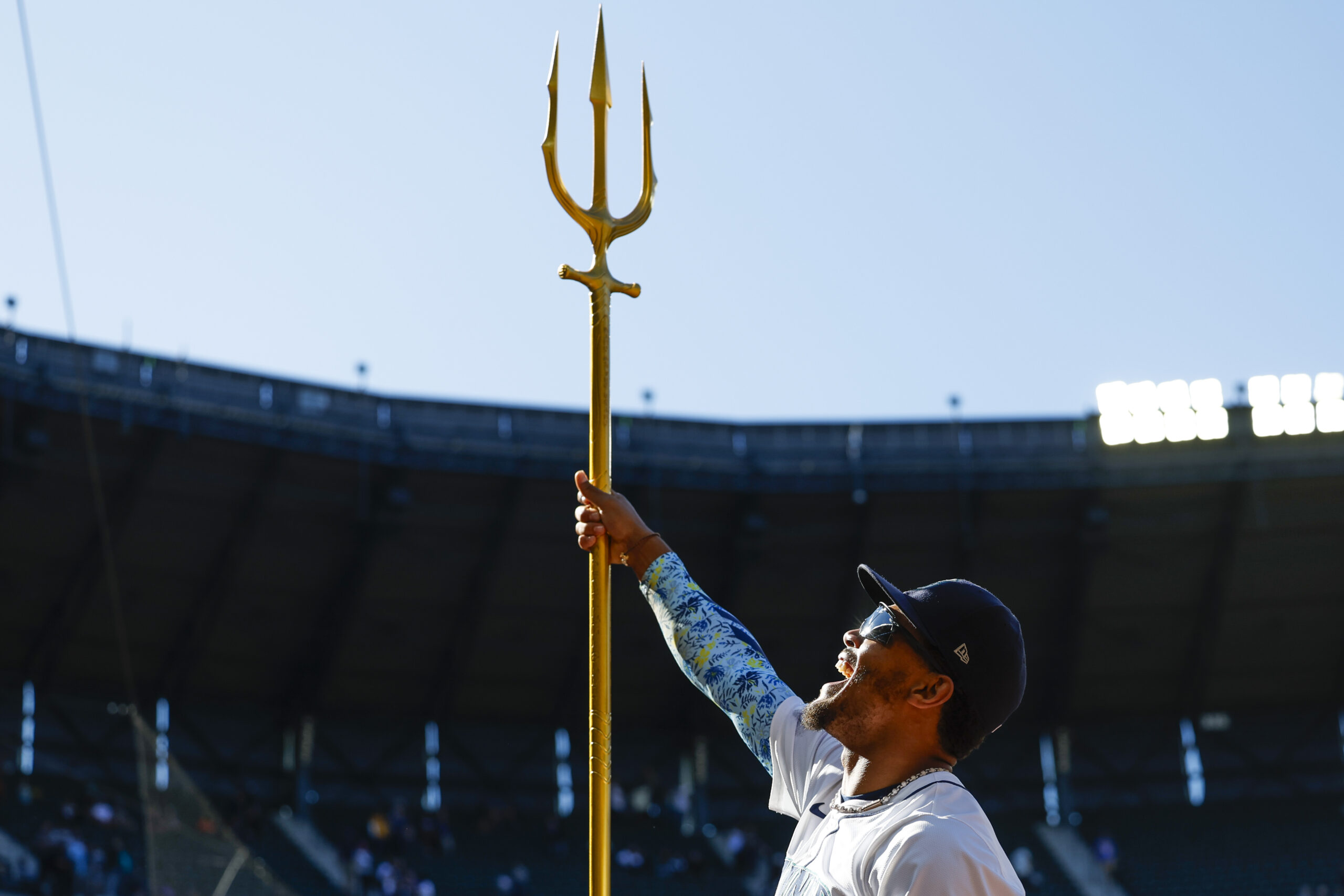 Aug 28, 2024; Seattle, Washington, USA; Seattle Mariners center fielder Julio Rodriguez (44) celebrates following a victory against the Tampa Bay Rays at T-Mobile Park. Mandatory Credit: Joe Nicholson-Imagn Images