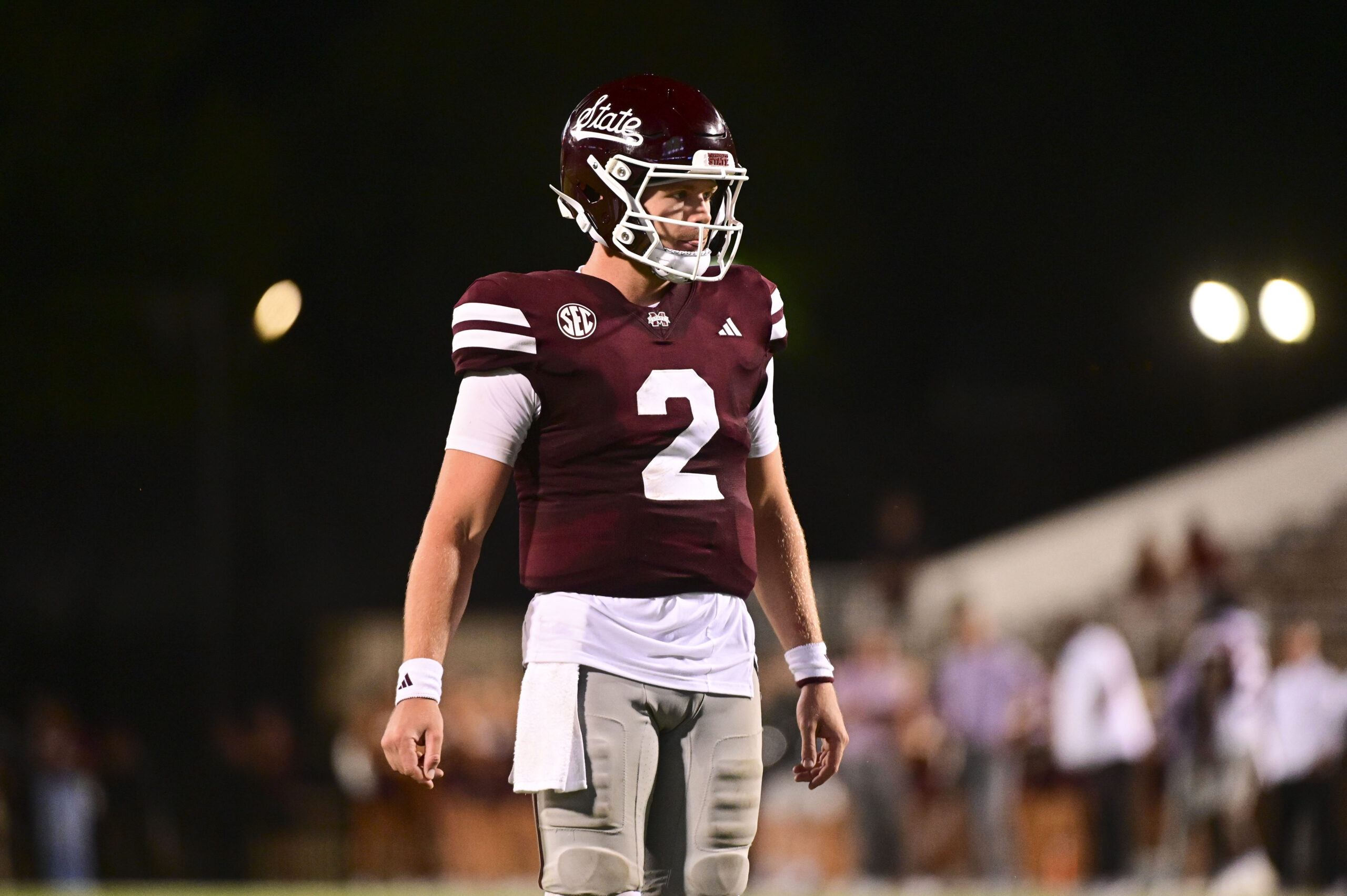 Sep 14, 2024; Starkville, Mississippi, USA; Mississippi State Bulldogs quarterback Blake Shapen (2) reacts after a play against the Toledo Rockets during the fourth quarter at Davis Wade Stadium at Scott Field. Mandatory Credit: Matt Bush-Imagn Images