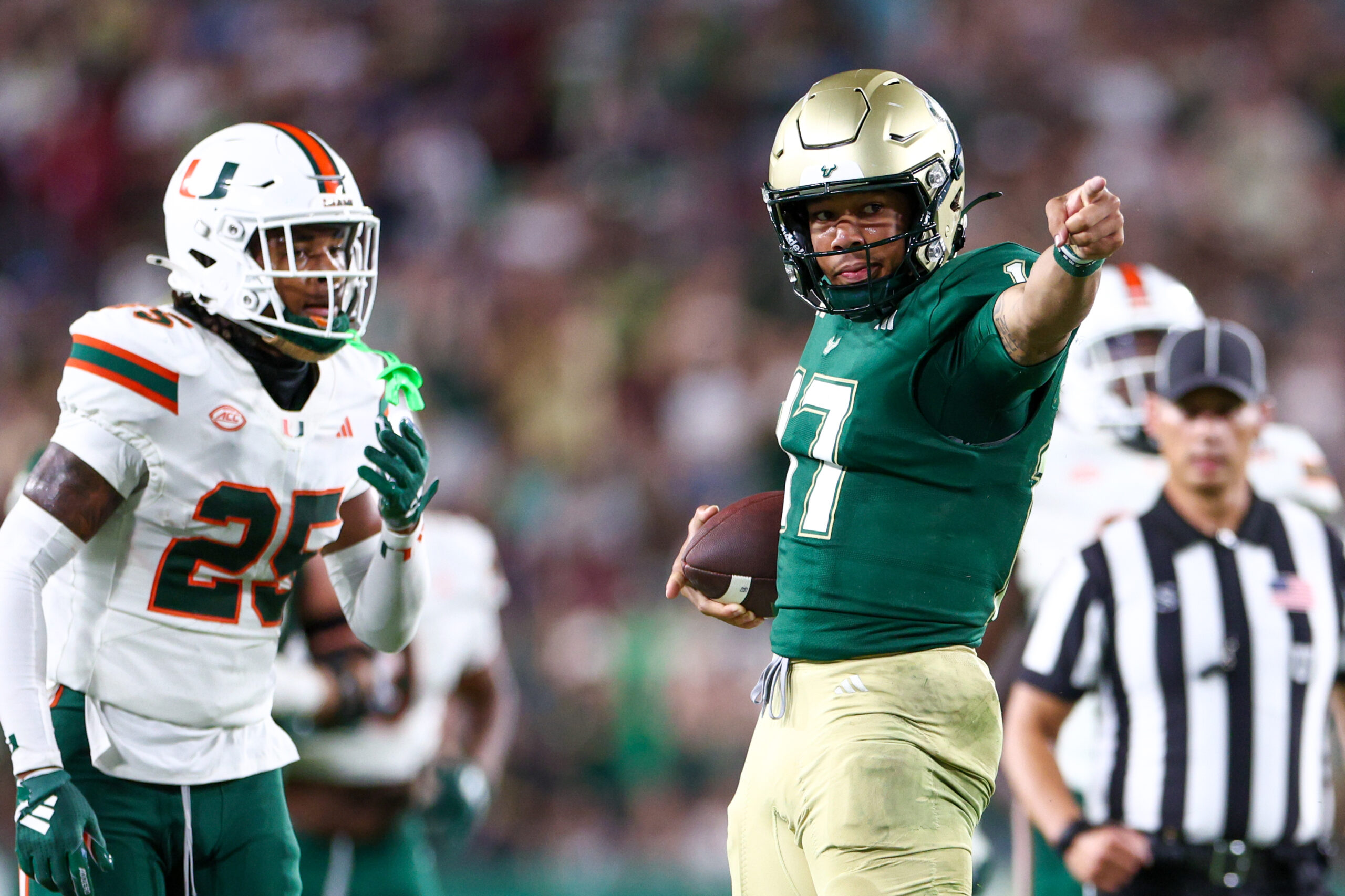 Sep 21, 2024; Tampa, Florida, USA; South Florida Bulls quarterback Byrum Brown (17) reacts after a play against the Miami Hurricanes in the third quarter at Raymond James Stadium. Mandatory Credit: Nathan Ray Seebeck-Imagn Images