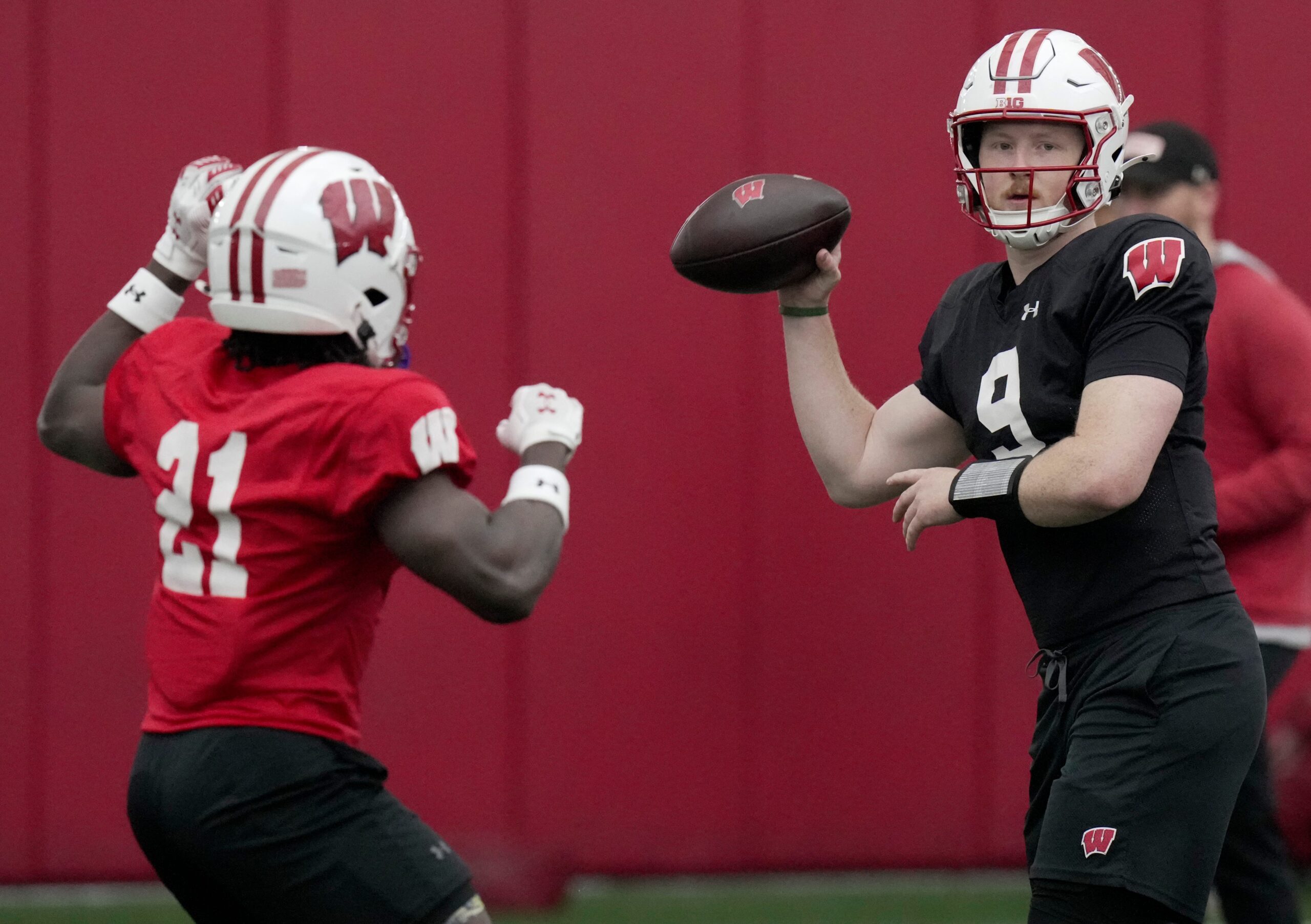 Wisconsin quarterback Billy Edwards Jr. (9) is shown during spring football practice Thursday, April 3, 2025 in Madison, Wisconsin. Mark Hoffman/Milwaukee Journal Sentinel