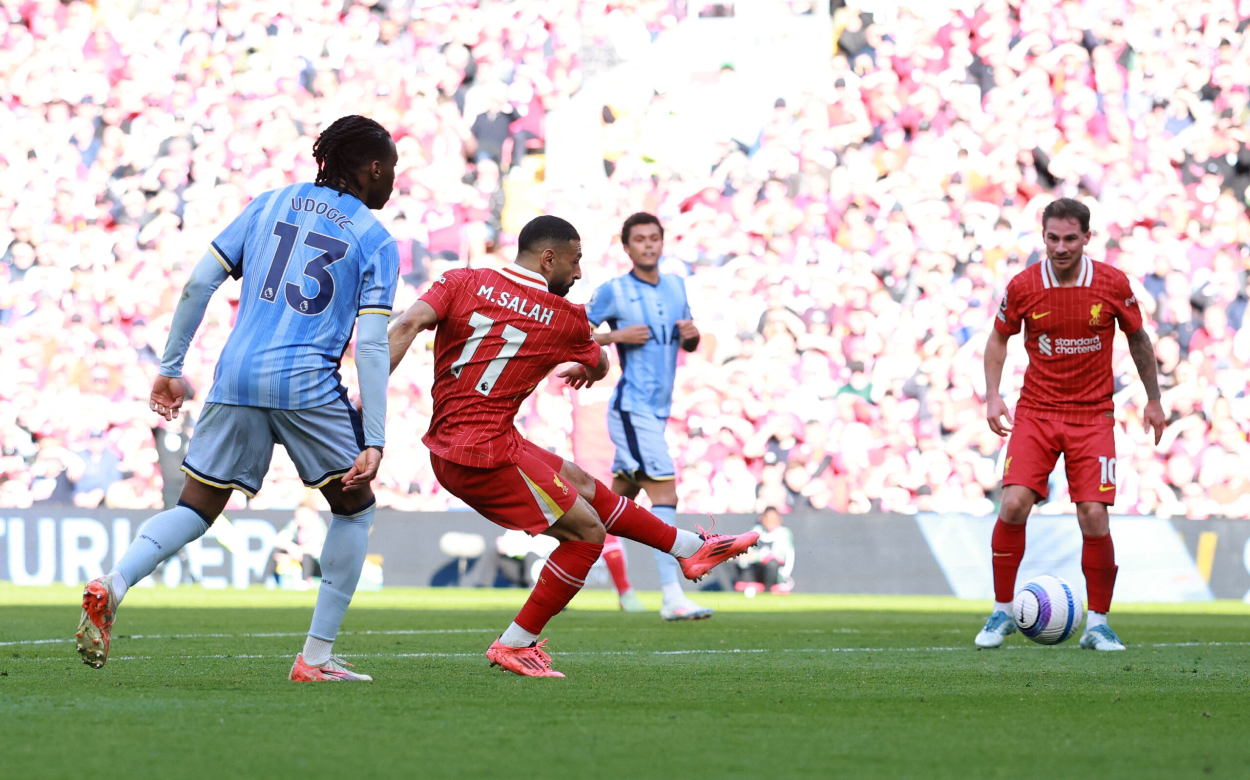 [US, Mexico & Canada customers only] April 27, 2025; Anfield, Liverpool, BRITAIN; Liverpool player Mohamed Salah scores the fourth goal against the Tottenham Hotspur in a Premier League match. Mandatory Credit: Phil Noble/Reuters via Imagn Images