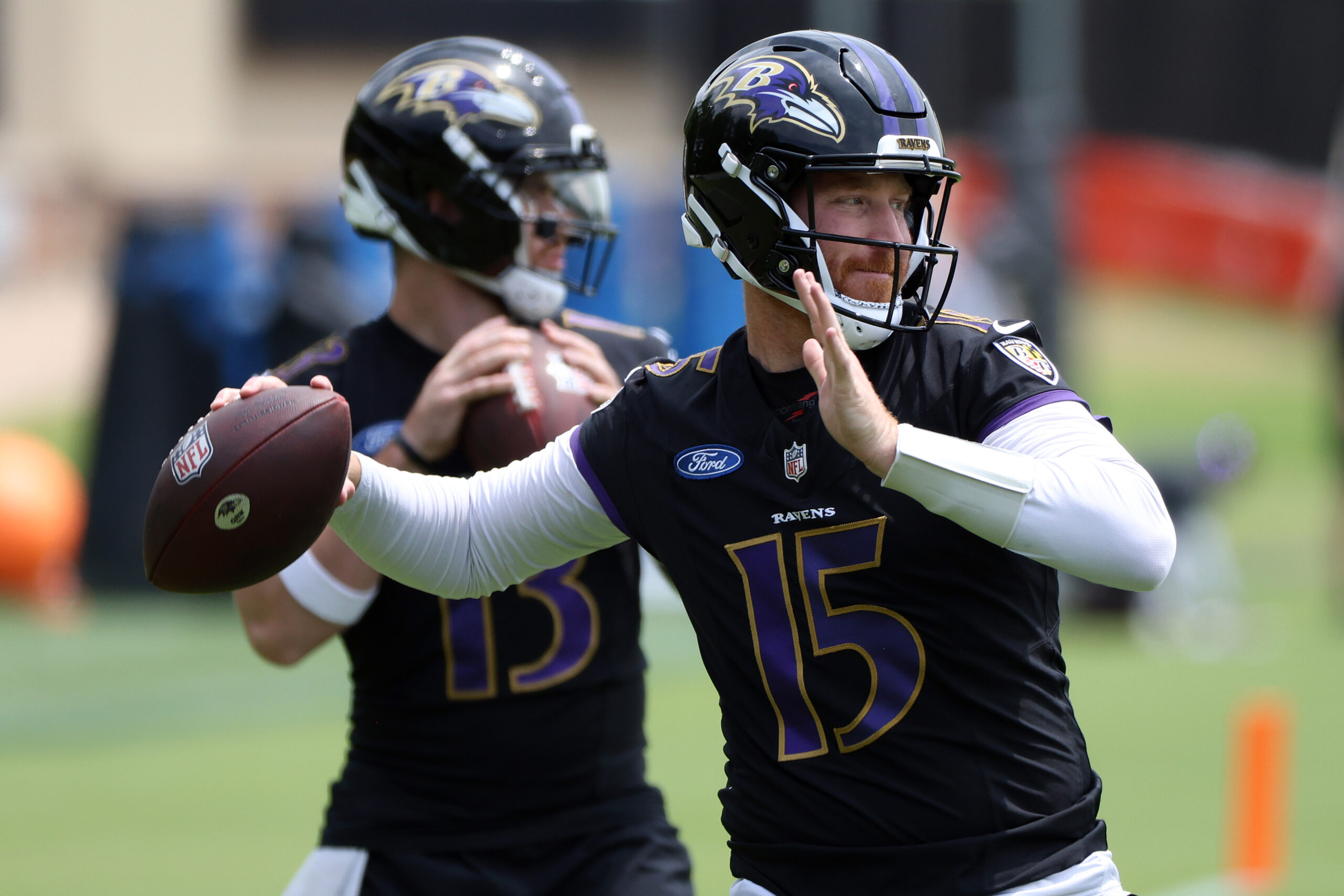 Jun 10, 2025; Baltimore, MD, USA; Baltimore Ravens quarterback Cooper Rush (15) throws during an NFL OTA at Under Armour Performance Center. Mandatory Credit: Daniel Kucin Jr.-Imagn Images