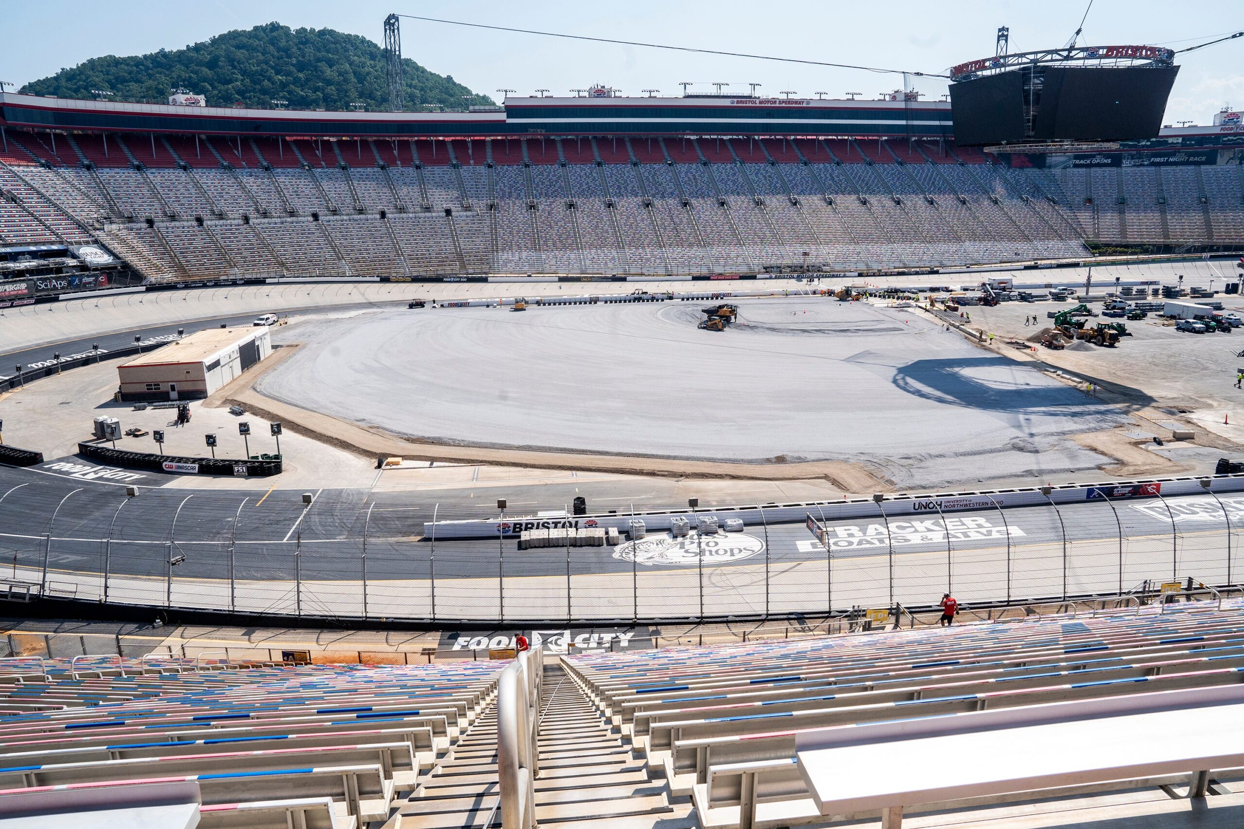 Construction of the baseball field in progress during a media event at Bristol Motor Speedway on June 24, 2025, ahead of the MLB Speedway Classic game between the Atlanta Braves and the Cincinnati Reds held at the racetrack.