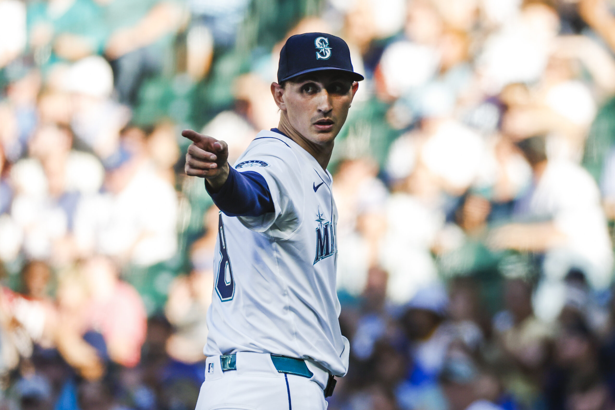 Jun 30, 2025; Seattle, Washington, USA; Seattle Mariners starting pitcher George Kirby (68) reacts following an out against the Kansas City Royals to end the top of the first inning at T-Mobile Park. Mandatory Credit: Joe Nicholson-Imagn Images
