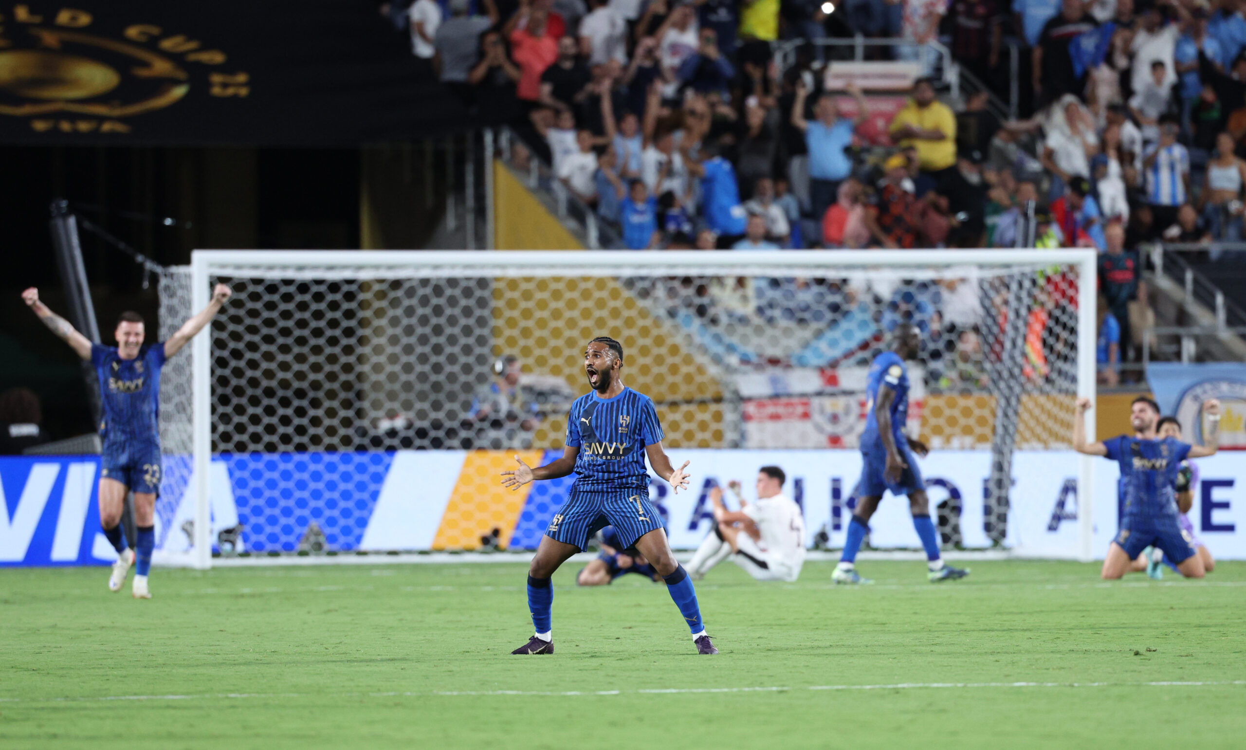 Jun 30, 2025; Orlando, Florida, USA; Al Hilal FC midfielder Khalid Al-Ghannam (7) reacts after defeating Manchester City during a round of 16 match of the 2025 FIFA Club World Cup at Camping World Stadium. Mandatory Credit: Nathan Ray Seebeck-Imagn Images