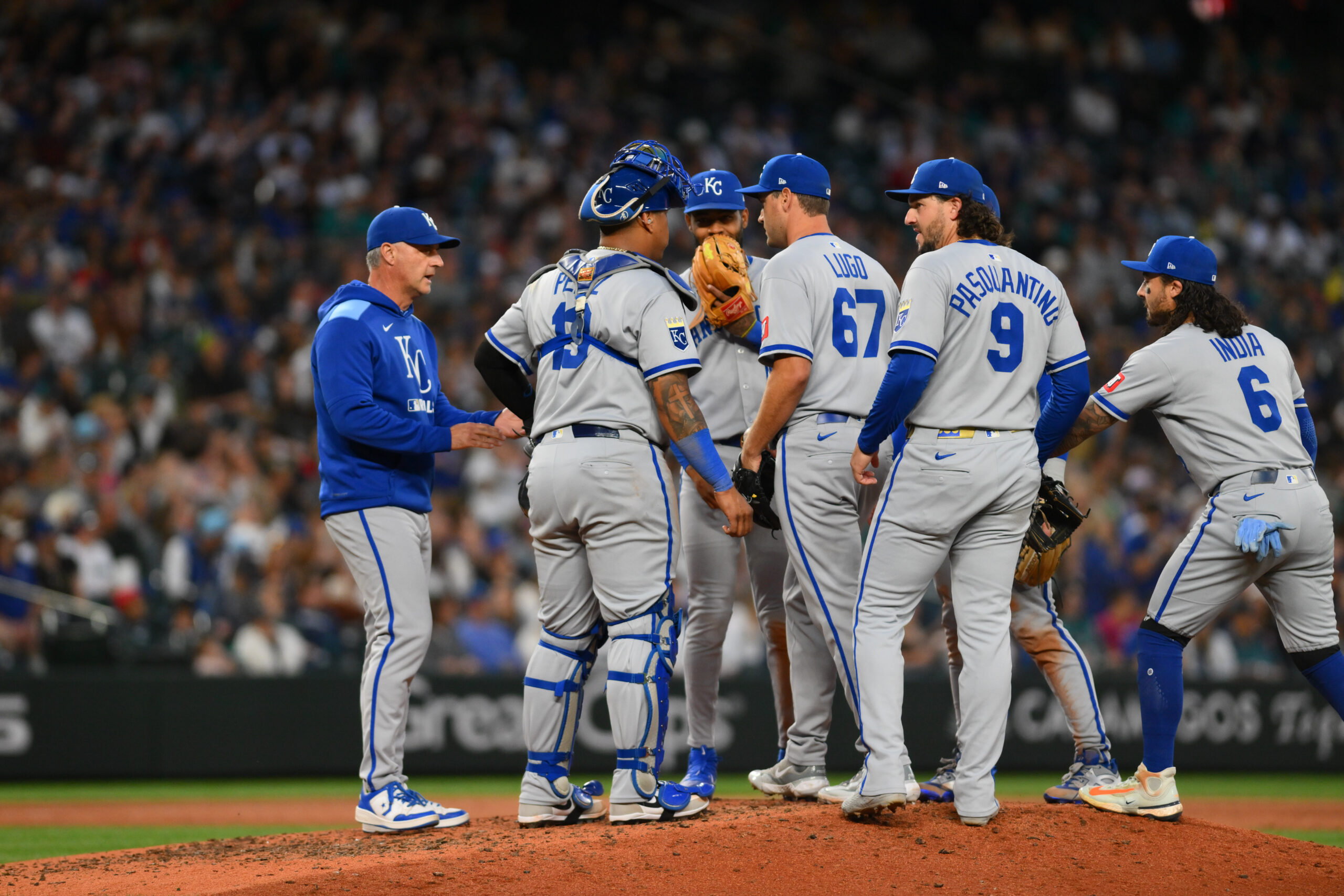 Jul 3, 2025; Seattle, Washington, USA; Kansas City Royals starting pitcher Seth Lugo (67) is pulled from the game during the eighth inning against the Seattle Mariners at T-Mobile Park. Mandatory Credit: Steven Bisig-Imagn Images