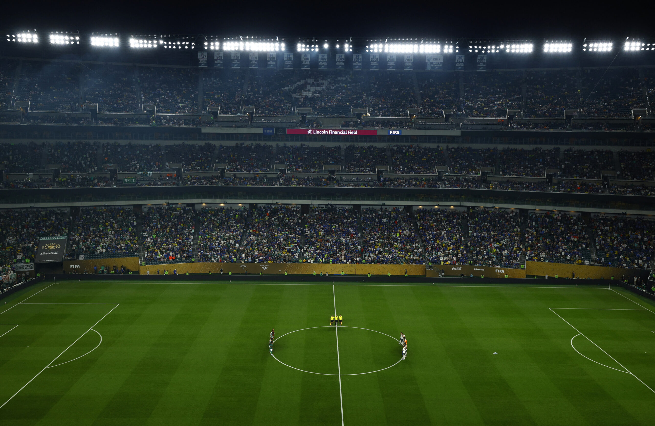 [Subscription Customers Only] Jul 4, 2025; Philadelphia, Pennsylvania, USA; General view during a minutes silence in tribute to Liverpool forward Diogo Jota and his brother Andre Silva before a quarterfinal match of the 2025 FIFA Club World Cup at Lincoln Financial Field. Mandatory Credit: Susana Vera-Reuters via Imagn Images