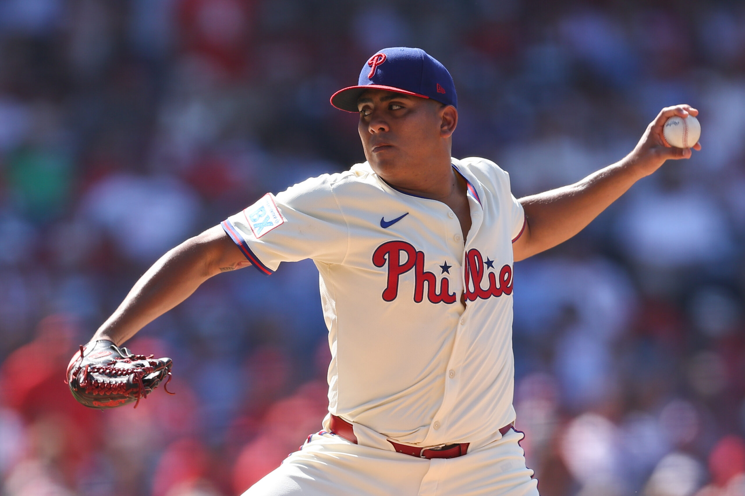 Jul 5, 2025; Philadelphia, Pennsylvania, USA; Philadelphia Phillies pitcher Ranger Suarez (55) throws a pitch during the first inning against the Cincinnati Reds at Citizens Bank Park. Mandatory Credit: Bill Streicher-Imagn Images
