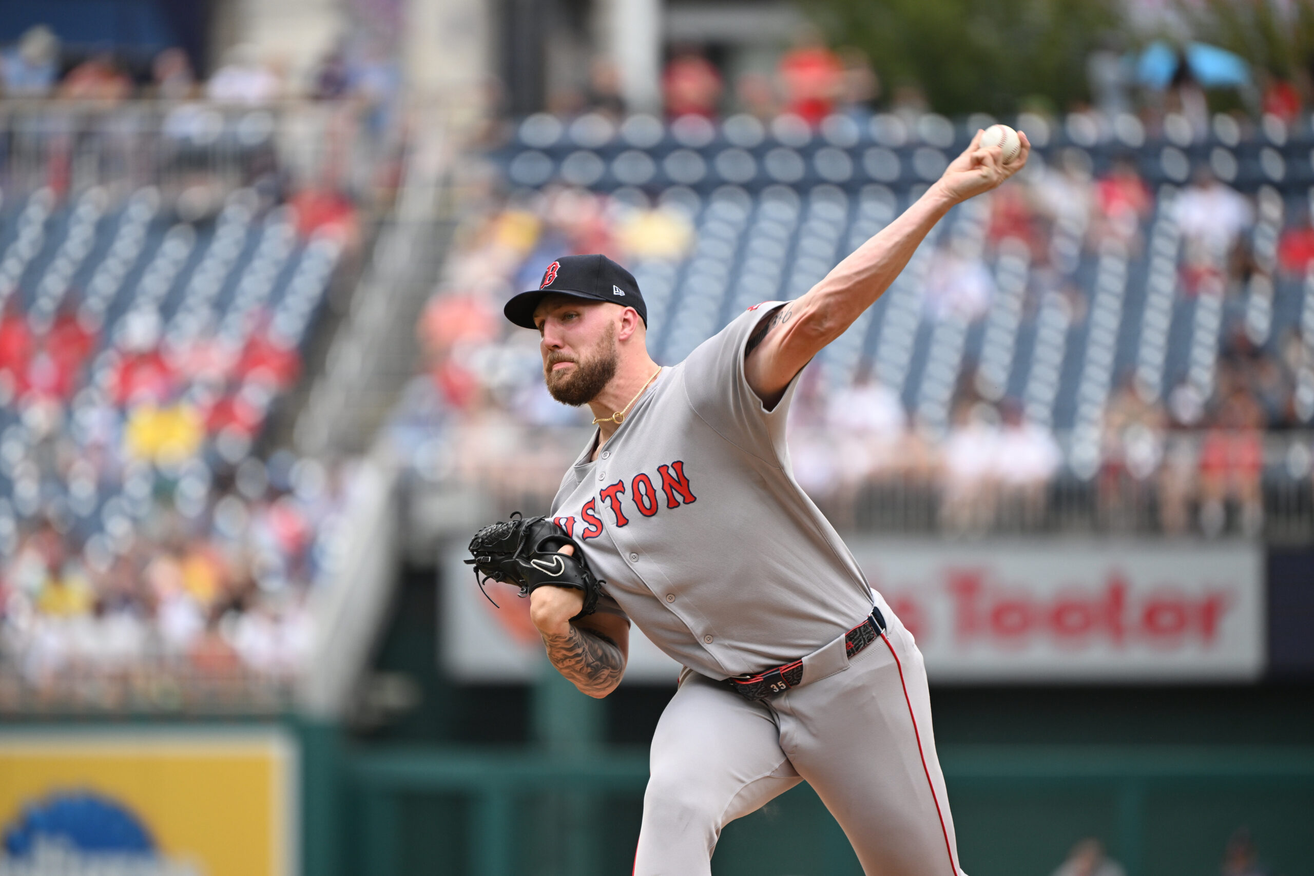 Jul 6, 2025; Washington, District of Columbia, USA; Boston Red Sox starting pitcher Garrett Crochet (35) throws a pitch against the Washington Nationals during the first inning at Nationals Park. Mandatory Credit: Rafael Suanes-Imagn Images