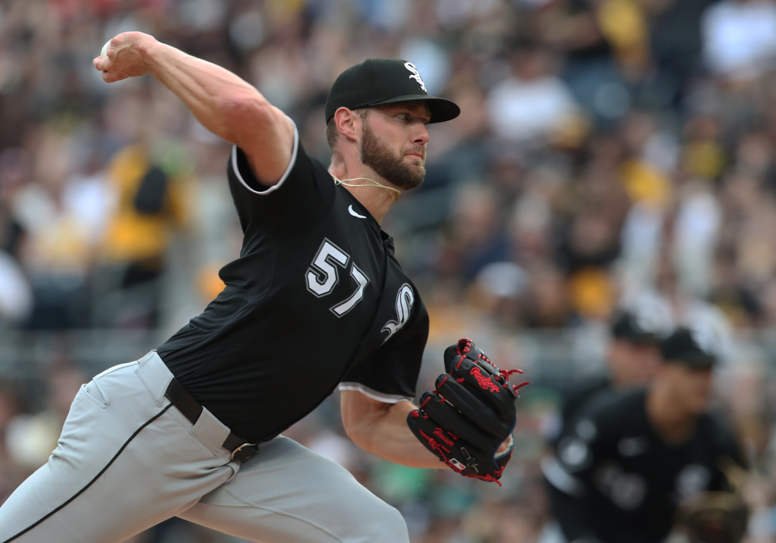 Jul 19, 2025; Pittsburgh, Pennsylvania, USA;  Chicago White Sox starting pitcher Adrian Houser (57) delivers a pitch against the Pittsburgh Pirates during the first inning at PNC Park. Mandatory Credit: Charles LeClaire-Imagn Images